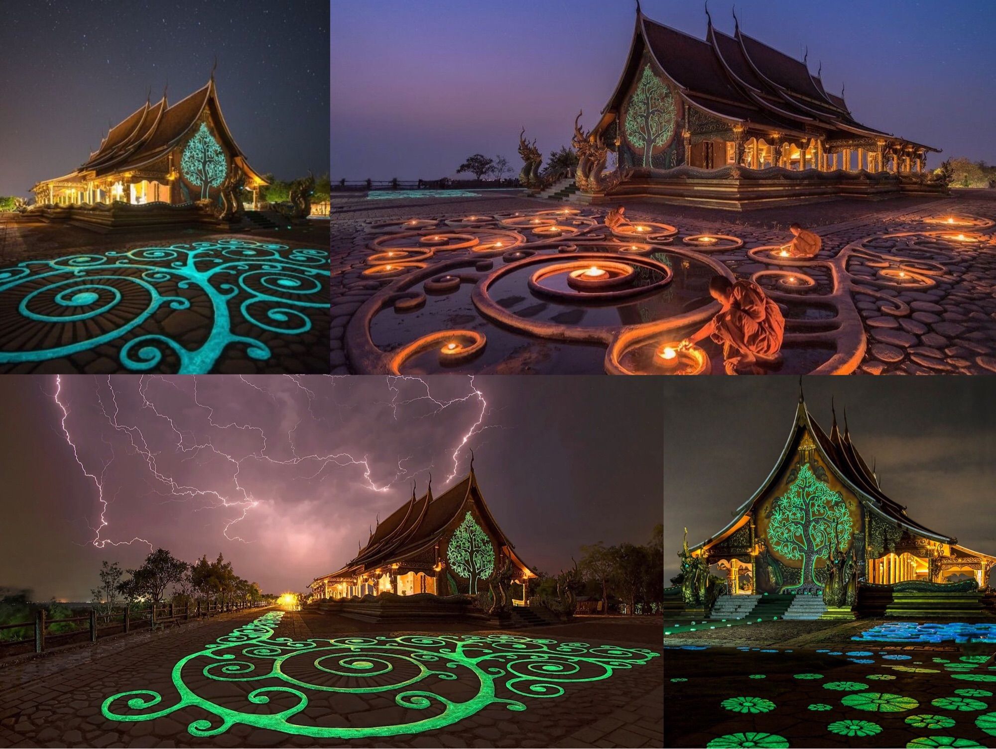 Images of the temple from various angles, with the illuminated branching curves of the ground plane in front of the structure, which lead to the similarly illuminated tree on the front of the building.