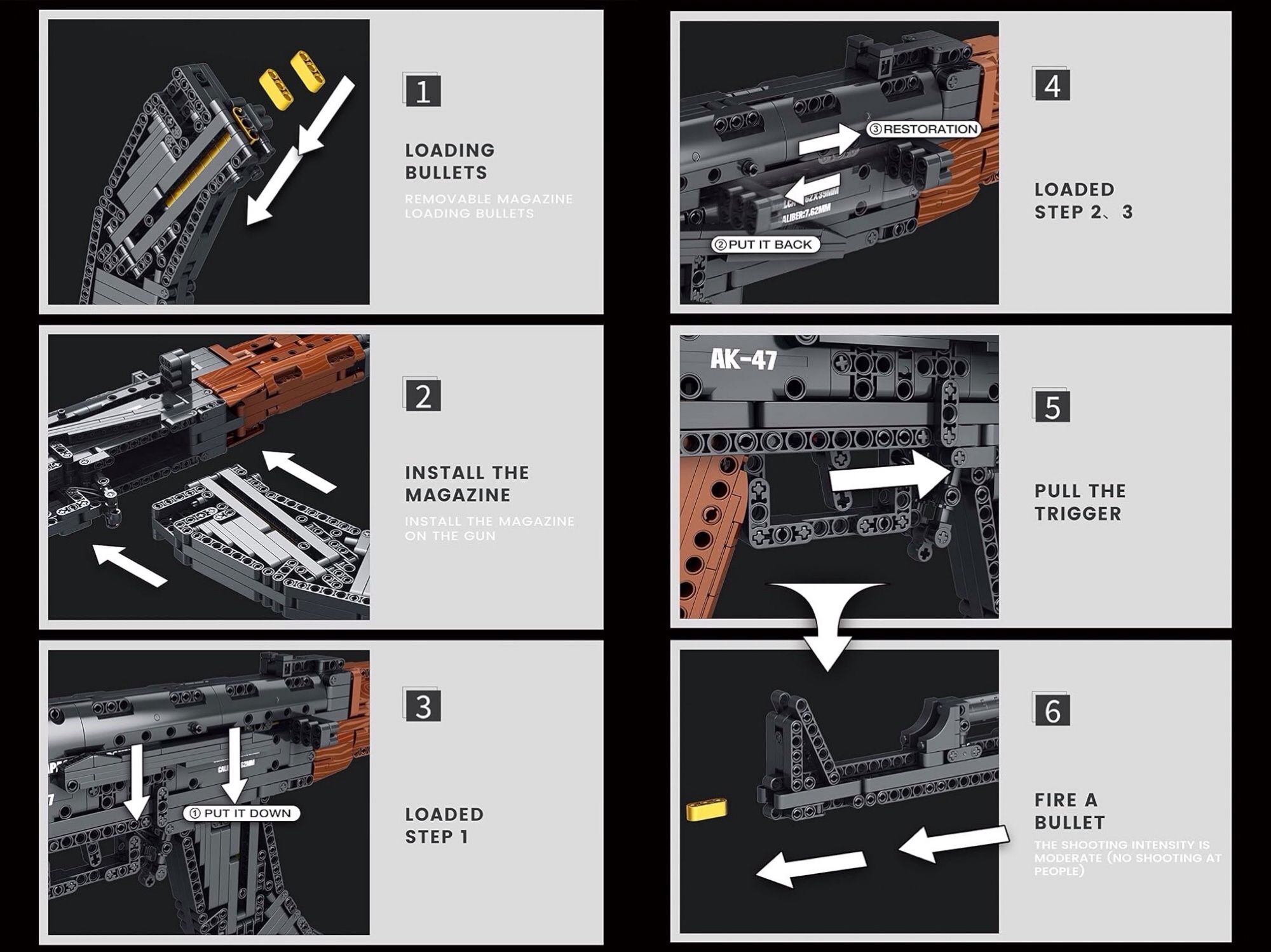 Details how to load and shoot fake Lego pieces as bullets in the gun.