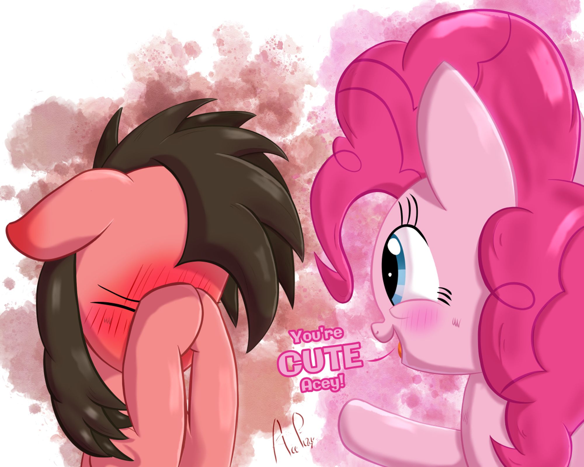 Digital artwork of My Little Pony characters, OC Ace Play and Pinkie Pie. Ace is covering his face with his hooves and intensively blushing as Pinkie Pie points at him, saying "You're CUTE Acey!"