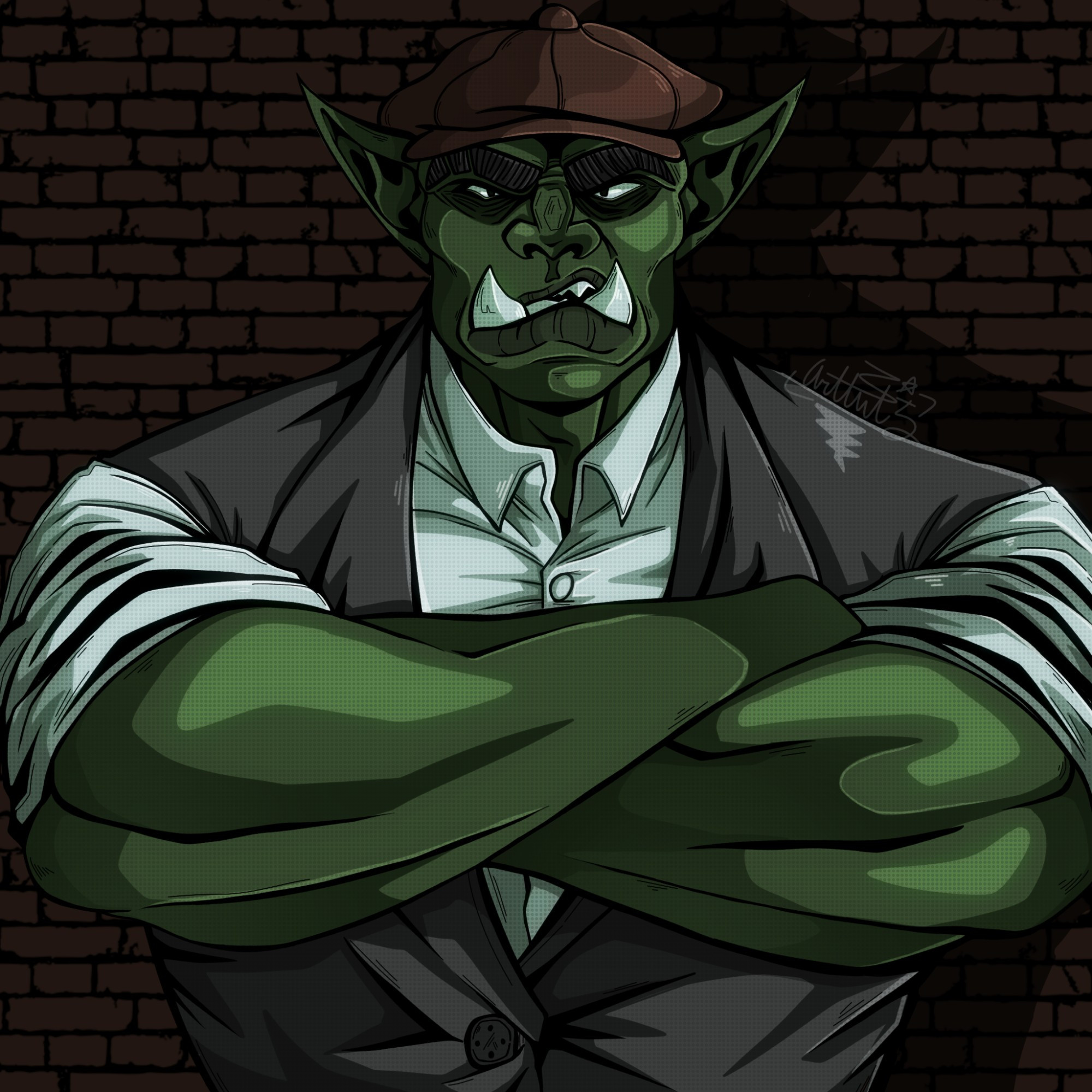 Bruce standing in front of a brick wall with his arms crossed.

Colors: green, grey, black, white