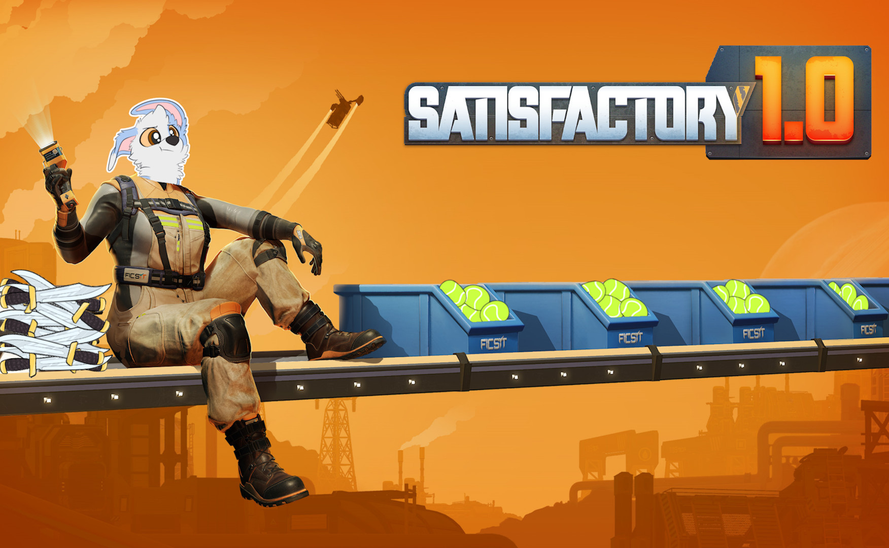 Photo of the Satisfactory 1.0 release art, but altered to have my head cropped on the pioneer, swords beside me, and tennis balls in the screw boxes on the belt.