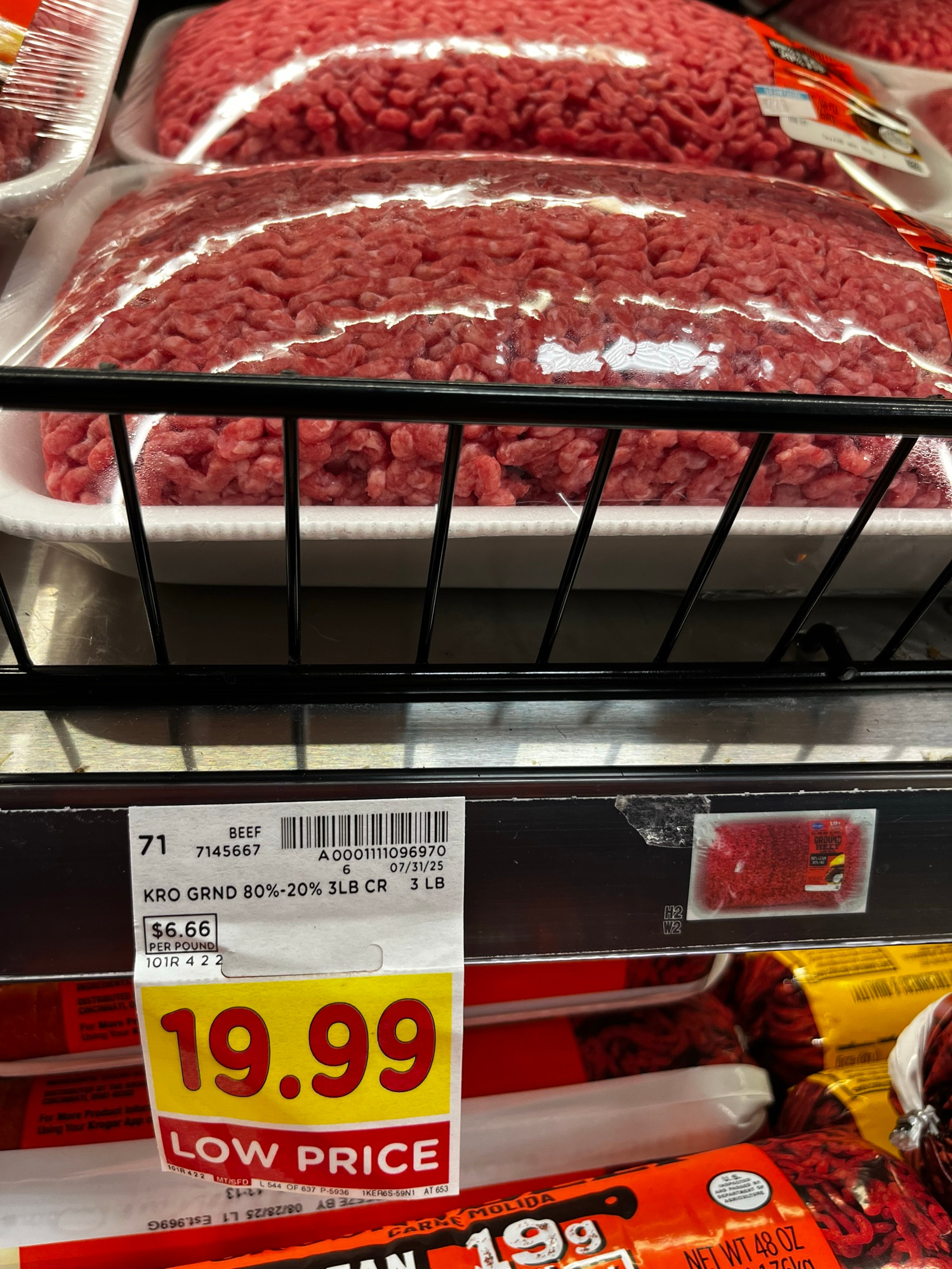 $19.99 for three pounds of 80/20 ground beef at Kroger 