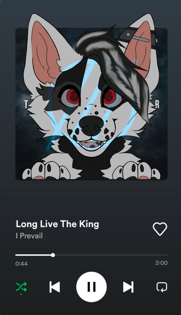 Picture of my original fursona character, Argento, a Border Collie German Shepherd mix, popping his head out of the album art in a screenshot. I Prevail True Power logo glow effect on the face.