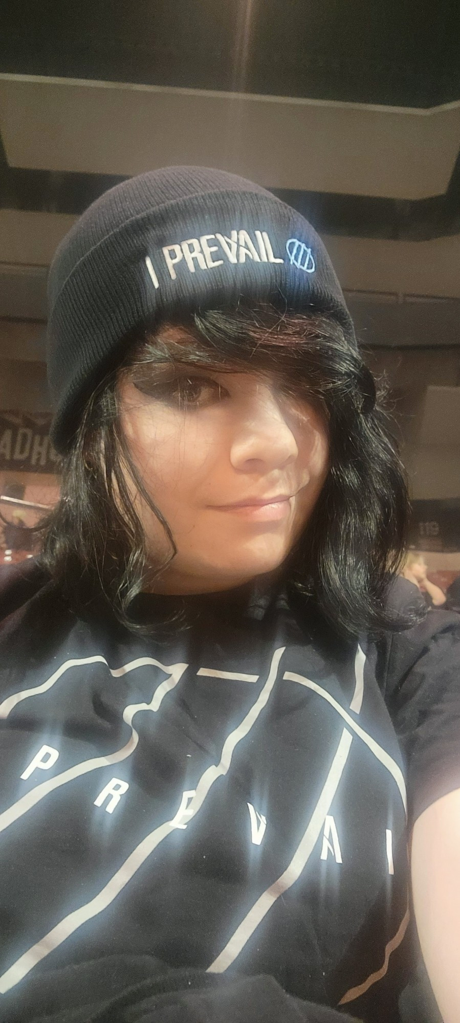 Me wearing an "I Prevail" beanie and shirt.