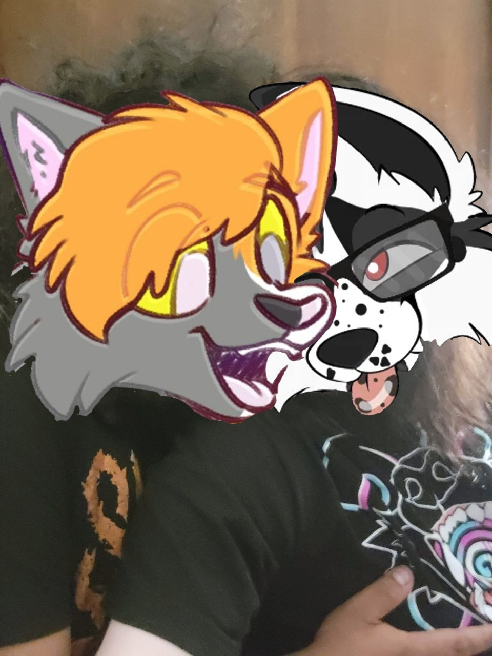 A "drawover" style picture of my partner and me, masked by previous art of our fursonas. (Credits to PariahPuppy and Pulex.) (Spazz, calico maine coon. Argento, border collie german shepherd mix.)