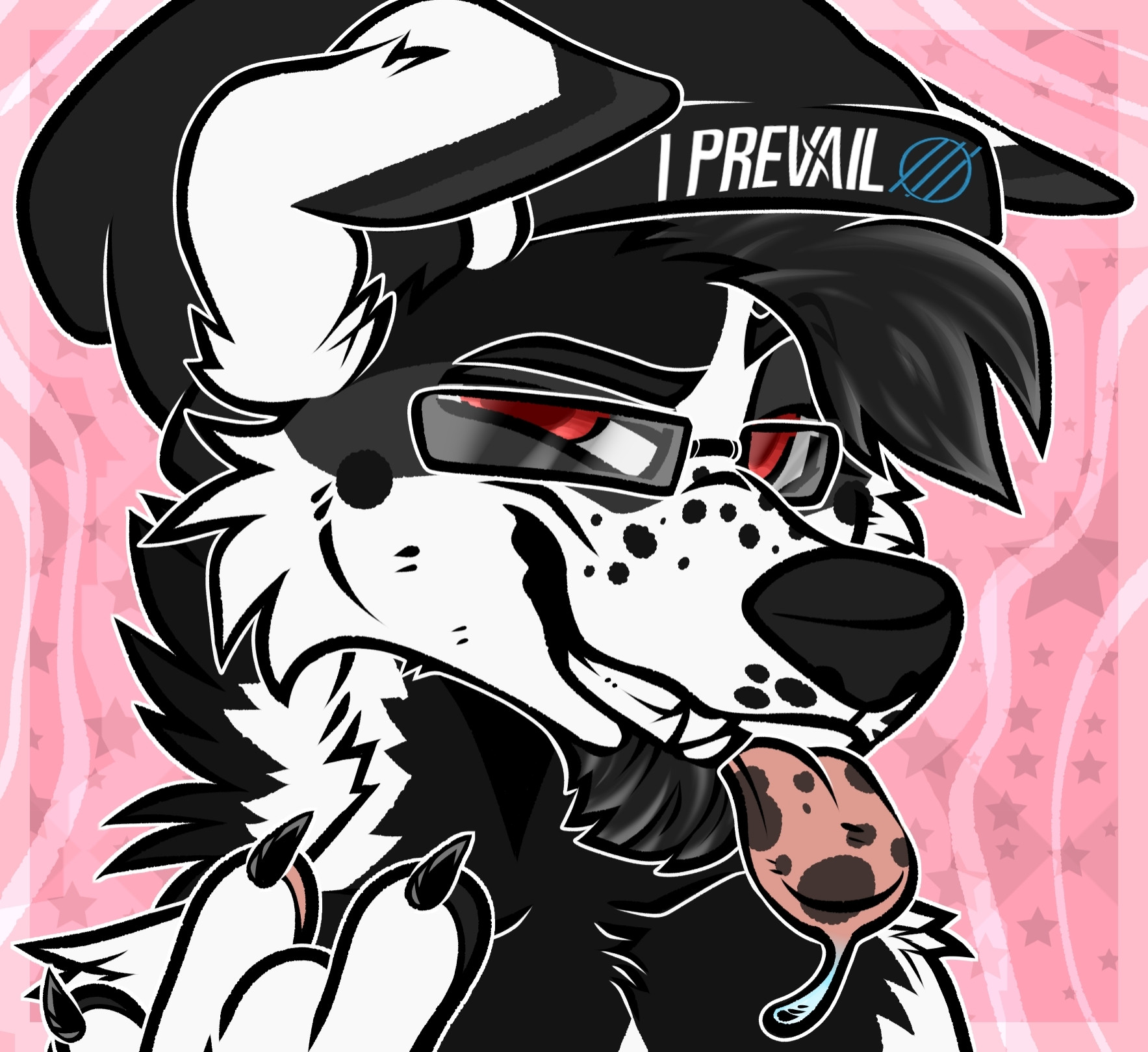 Anthropomorphic Border Collie and German Shepherd mix with black, gray, and white fur. His tongue sticking out, with his right hand posed to the metal/rock n roll horns. Wearing glasses and I Prevail beanie.