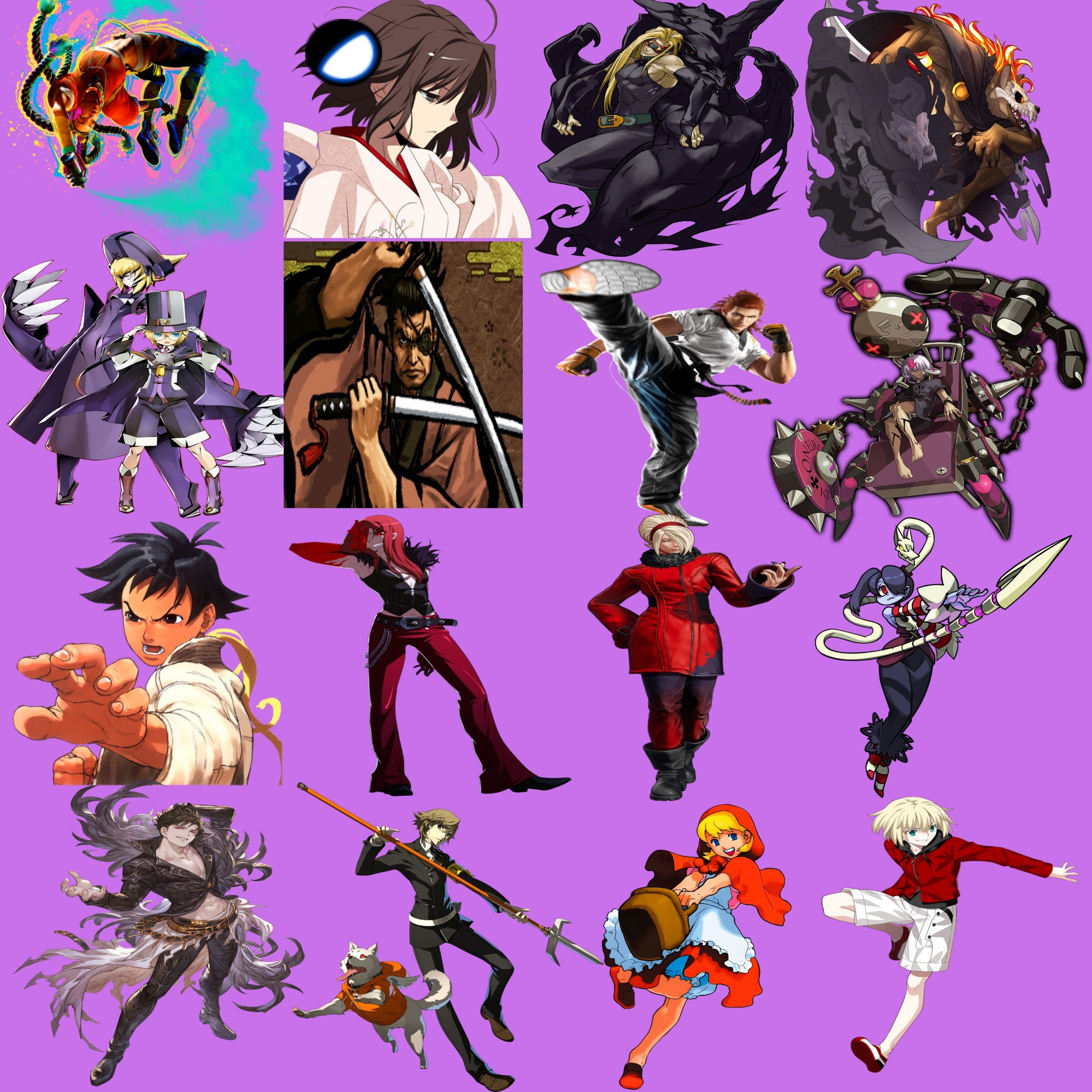 from top left to bottom right: Kimberly (Street Fighter 6), half moon Shiki Ryougi (Melty Blood Actress Again: Current Code), Eddie (Guilty Gear XX Accent Core +R), Forsburn (Rivals of Aether), Carl Clover (Blazblue Centralfiction), Yagyu Jubei (Samurai Shodown V Special), Hwoarang (Tekken 8), Bedman (Guilty Gear Xrd Rev 2), Makoto (Street Fighter 3: 3rd Strike), Carmine (Under Night IN-BIRTH), Ash Crimson (The King of Fighters XV), Squigly (Skullgirls 2nd Encore), Belial (Granblue Fantasy Versus: Rising), Ken Amada & Koromaru (Persona 4 Arena Ultimax), Baby Bonnie Hood A.K.A Bulleta (Darkstalkers 3 A.K.A Vampire Savior: The Lord of Vampire), Mario Gallo Bestino (Melty Blood Type Lumina)