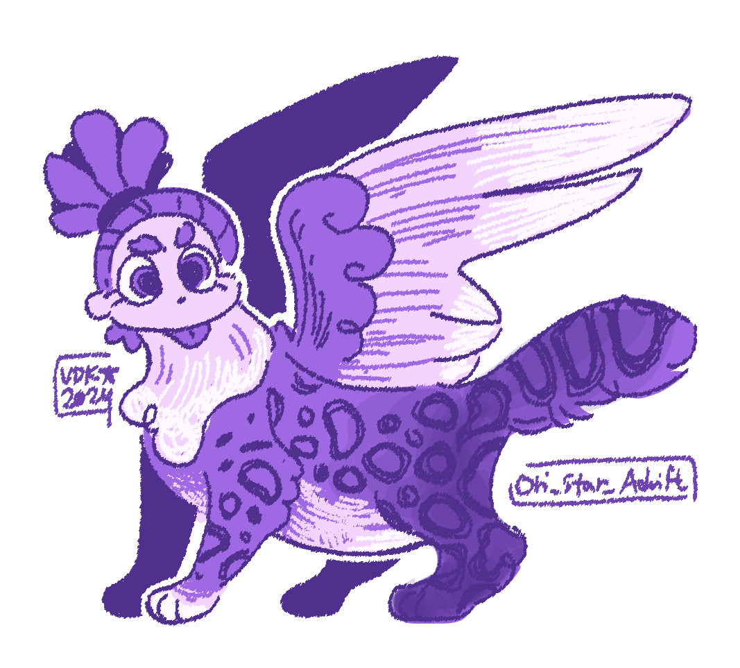 A digital doodle of Orchid from Trolls Band Together, drawn as a purple sphynx. The feline base is inspired by leopards, with the fur pattern being a reference to her alphabet shirt. Her paws, belly, and tips of the wings are white, while the fur of her back legs transition into a darker purple; both referencing her clothing.
She is drawn with a silly expression.