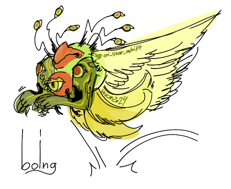 A digital doodle of my interpretation of Moku-gyou from Eastern Mind. He's drawn much more creature like, with his eyes above his head sharing a similar shape to that of peacock feathers, his legs drawn similarly to kangaroo legs, and his mouth drawn more like a beak. He's also drawn with bright yellow wings and a bunch of fluffy tails on the back.