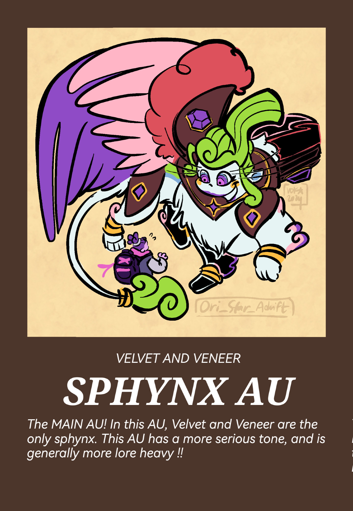 A digital art of Velvet and Orchid from Trolls Band Together, except Velvet is drawn as a giant sphynx, while Orchid is drawn as a traveller. The text below says "The Main AU! In this AU, Velvet and Veneer are the only Sphynx, This AU has a more serious tone, and is generally more lore heavy!"