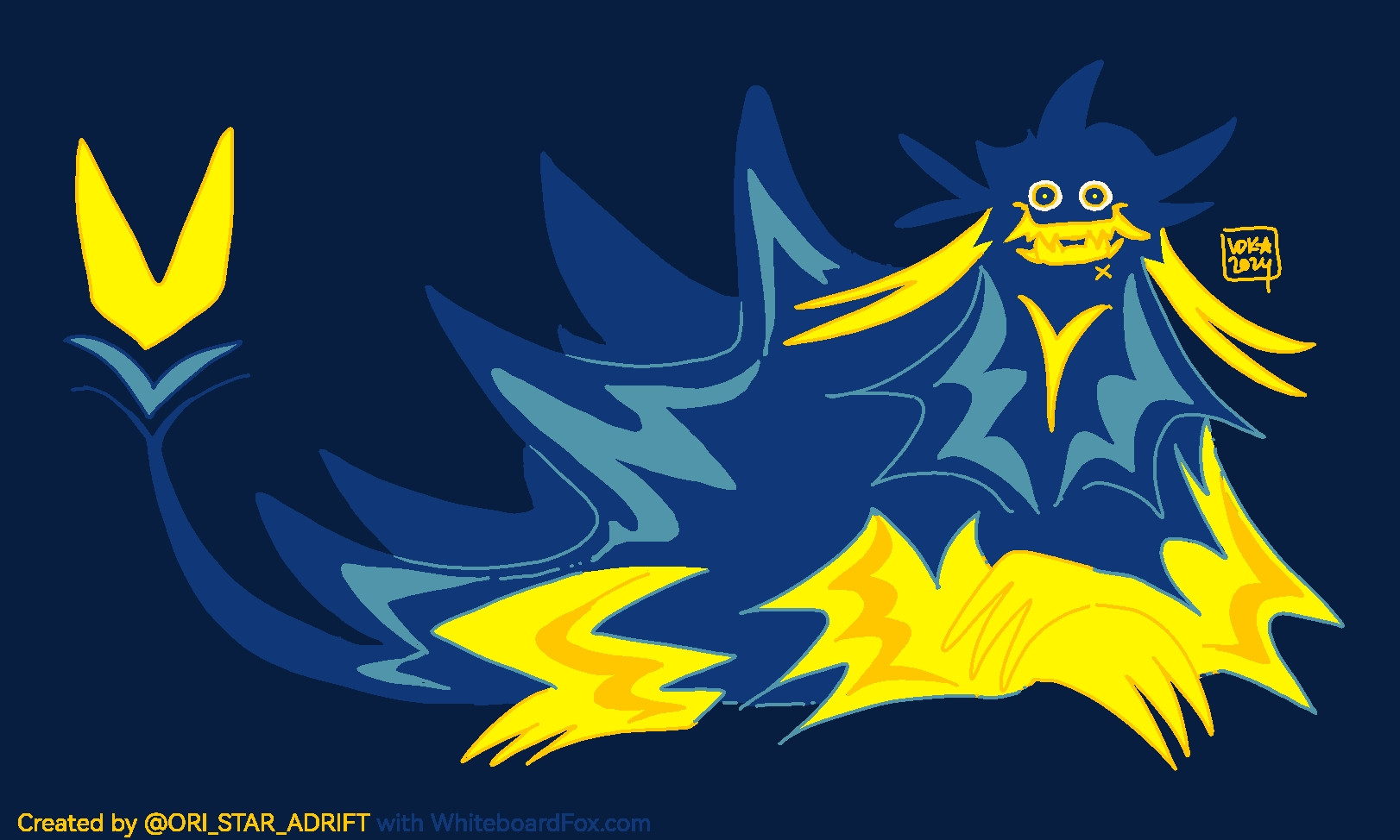 A digital doodle of The Horrors, a large, dark blue, spiky beast that vaguely resembles a sloth and has a vaguely human face. They have wide grin, decirated with yellow teeth, and a piercing gaze. As well as bright yellow appendages with three long claws each.