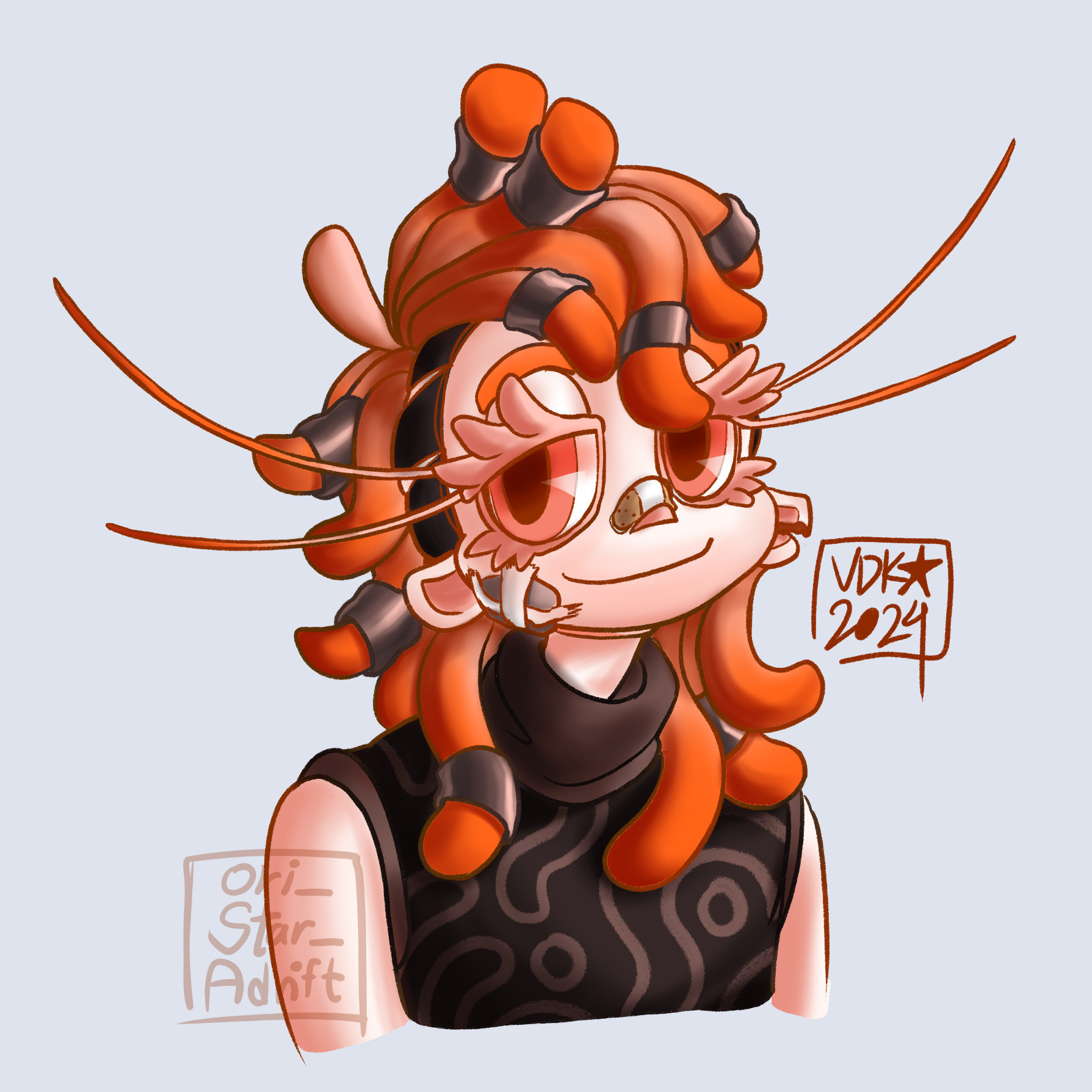 A digital art of Cecilia, an albino orange Mount Rageon - based on the Mount Rageon species from Trolls Band Together. She has a very pale orange skin, with orange hair that is styled into a mullet cut. Some of the strands are decorated with grey metallic bands. Her eyelashes are drawn cartoonishly "fluffy", as well as having a few extended like "whiskers". She is drawn wearing a dark grey sleeveless turtle neck with swirly patterns.
She is drawn with a few bandages on her face, as well as a calm smile.