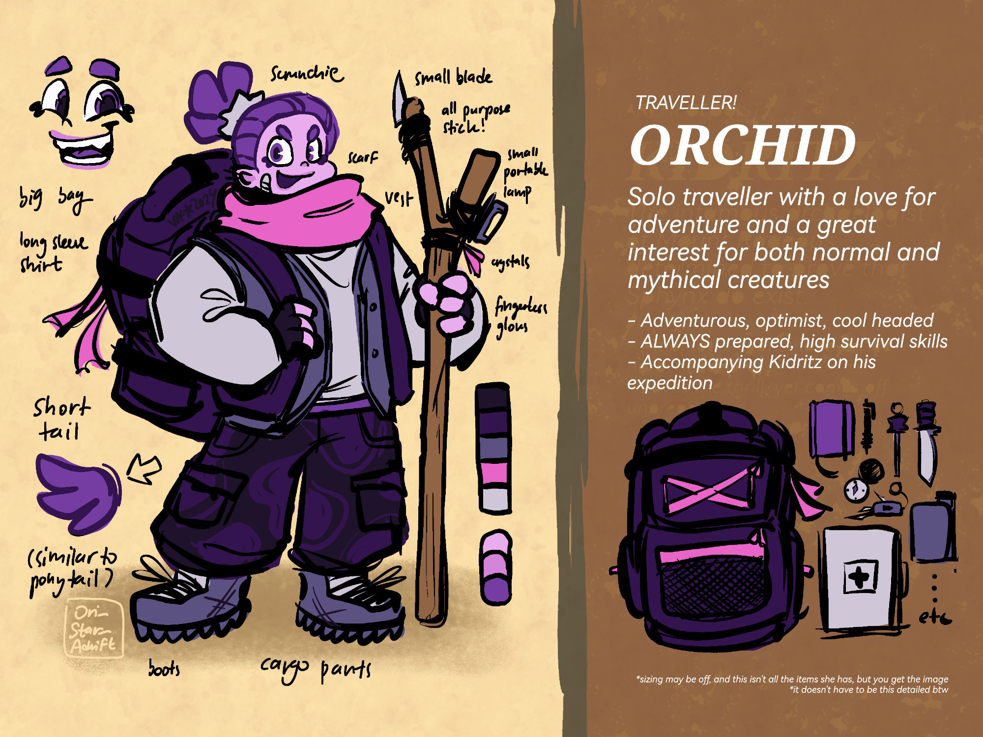 A reference sheet of Orchid from Trolls Band Together, except drawn as a traveller based on the Sphynx! Velvet and Veneer AU. She is drawn wearing a grey long sleeve shirt, pale grey purple vest, and dark purple pants and boots. She is also drawn wearing a pink scarf, a huge purple backpack, and a multifunctional walking stick.