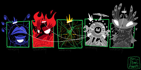 A MS Paint doodle of the five kings of Eastern Mind, each drawn with their corresponding colors on a black background - From the left to right, Mokugyou is drawn with blue, Kagyou with red, Tougyou faintly with yellow, Kinggyou with white, and Suigyou with gray. Tougyou is drawn fractured and with his eyes closed, while the other three are drawn with white empty eyes, as Kinggyou holds their crowns with a white thread with a smug expression. 