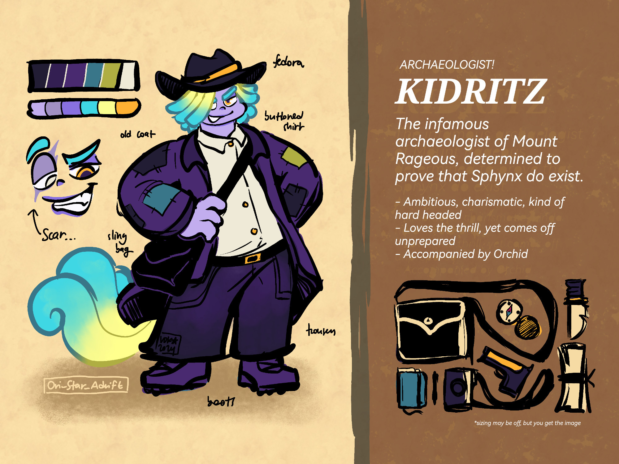 A reference sheet of Kidritz from Trolls Band Together, except drawn as an archeologist based on the Sphynx! Velvet and Veneer AU. He is drawn wearing a offwhite button shirt, dark dusty purple pants, boots, and coat. He's also drawn with a fedora hat and a sling bag.