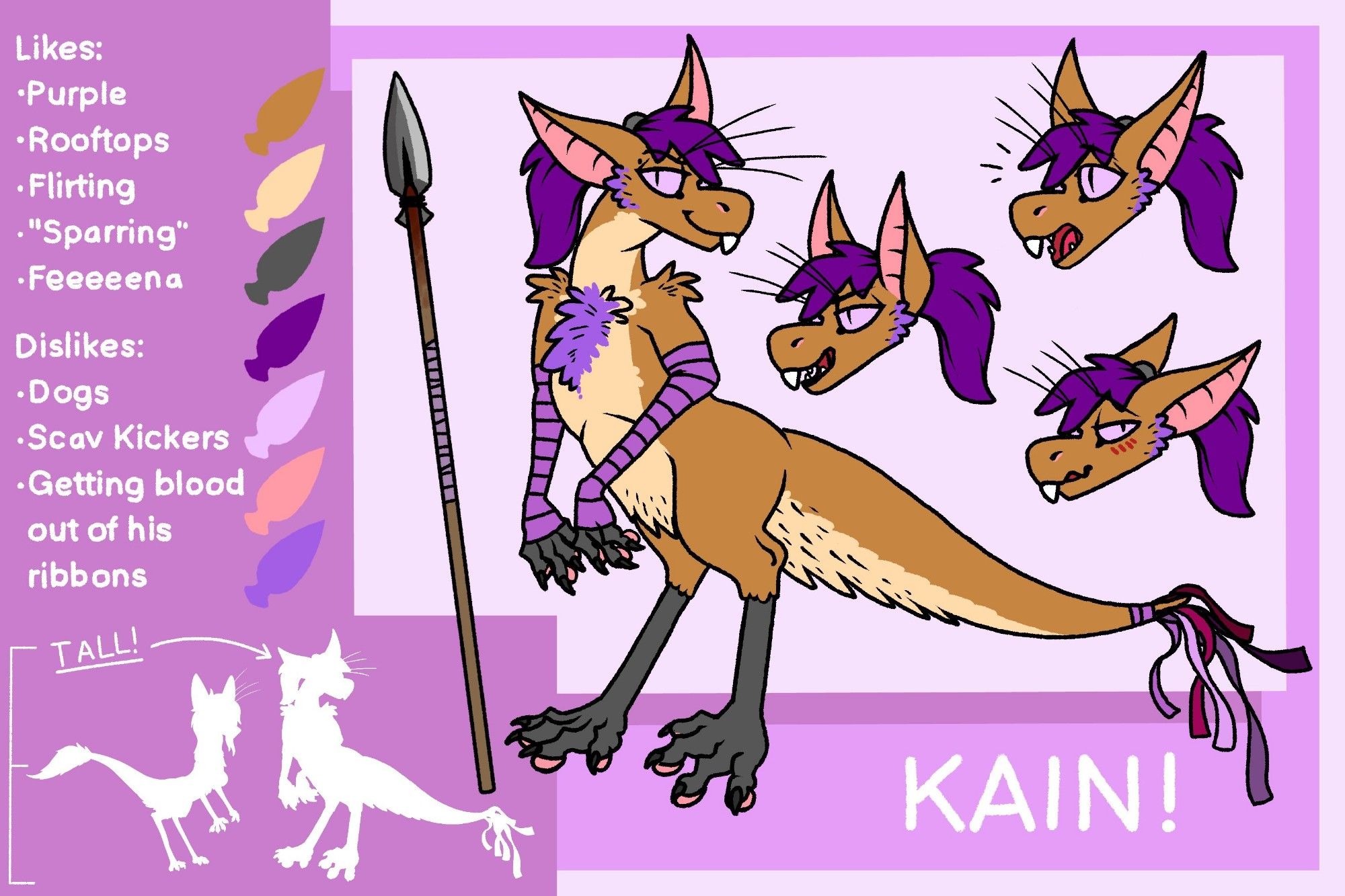 Reference sheet for a Yinglet OC.
Image: Big yinglet with purple hair in a ponytail, purple chest fluffies, purple arm wraps, and an artificial tail poof made with many shades of purple ribbon.
Likes: Purple, Rooftops, Flirting, Sparring in quotes, Feeeeeeena (a yinglet woman from the local enclave)

Dislikes: Dogs, Scav kickers, Getting blood out of his ribbons