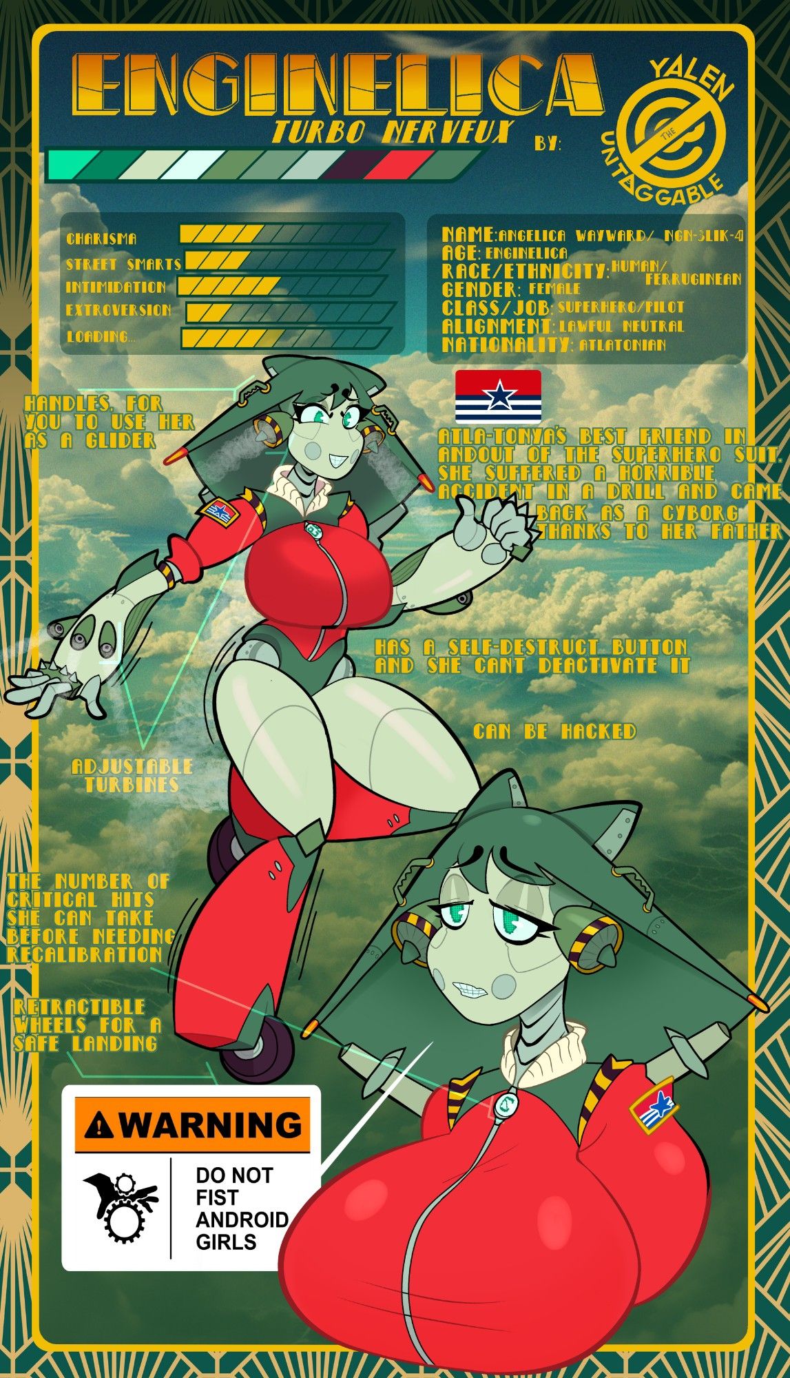 Reference sheet of a shy green skin curvy robot superhero girl