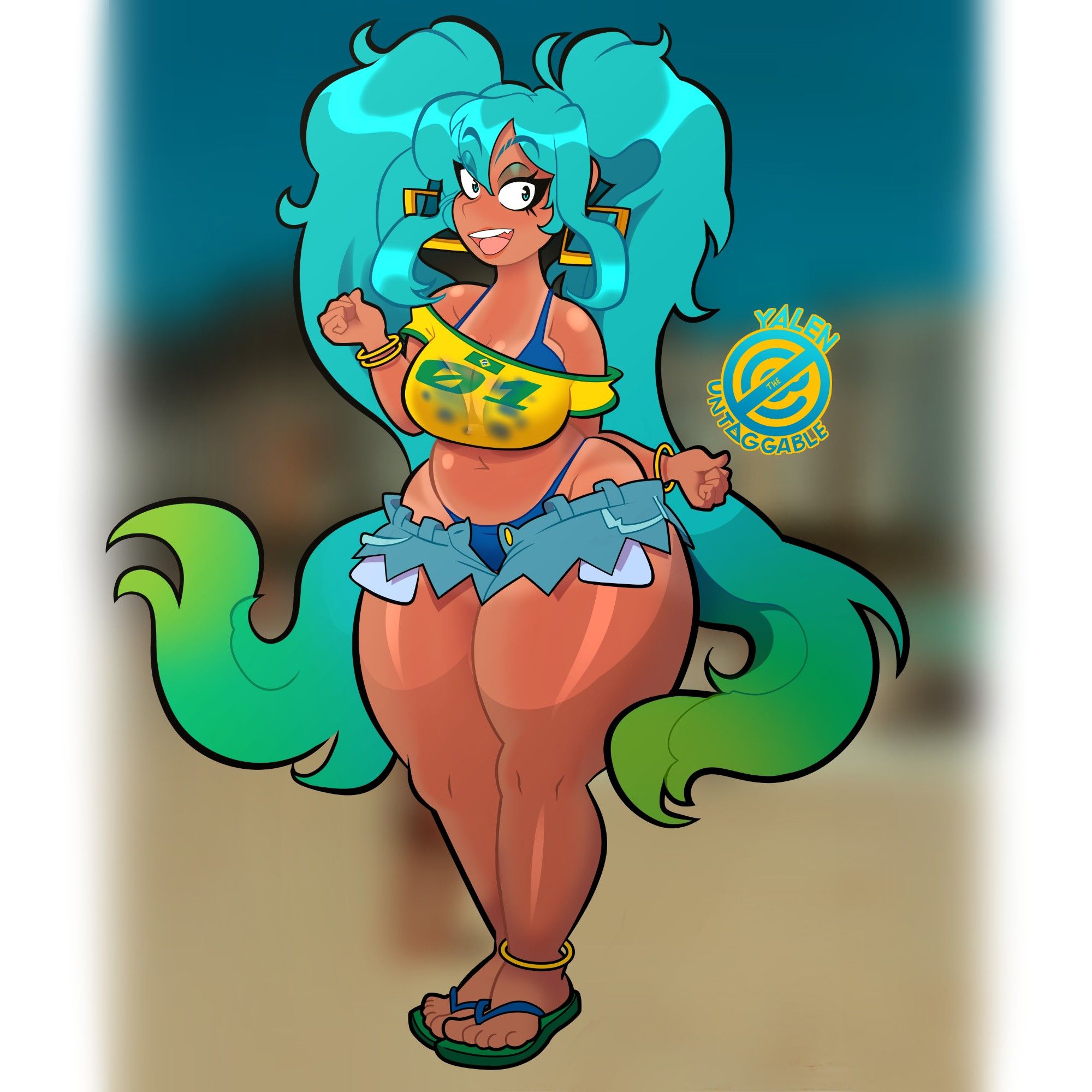 Voluptuous tanned gyaru style Hatsune Miku with short denim shorts and a wet Brazilian soccer jersey