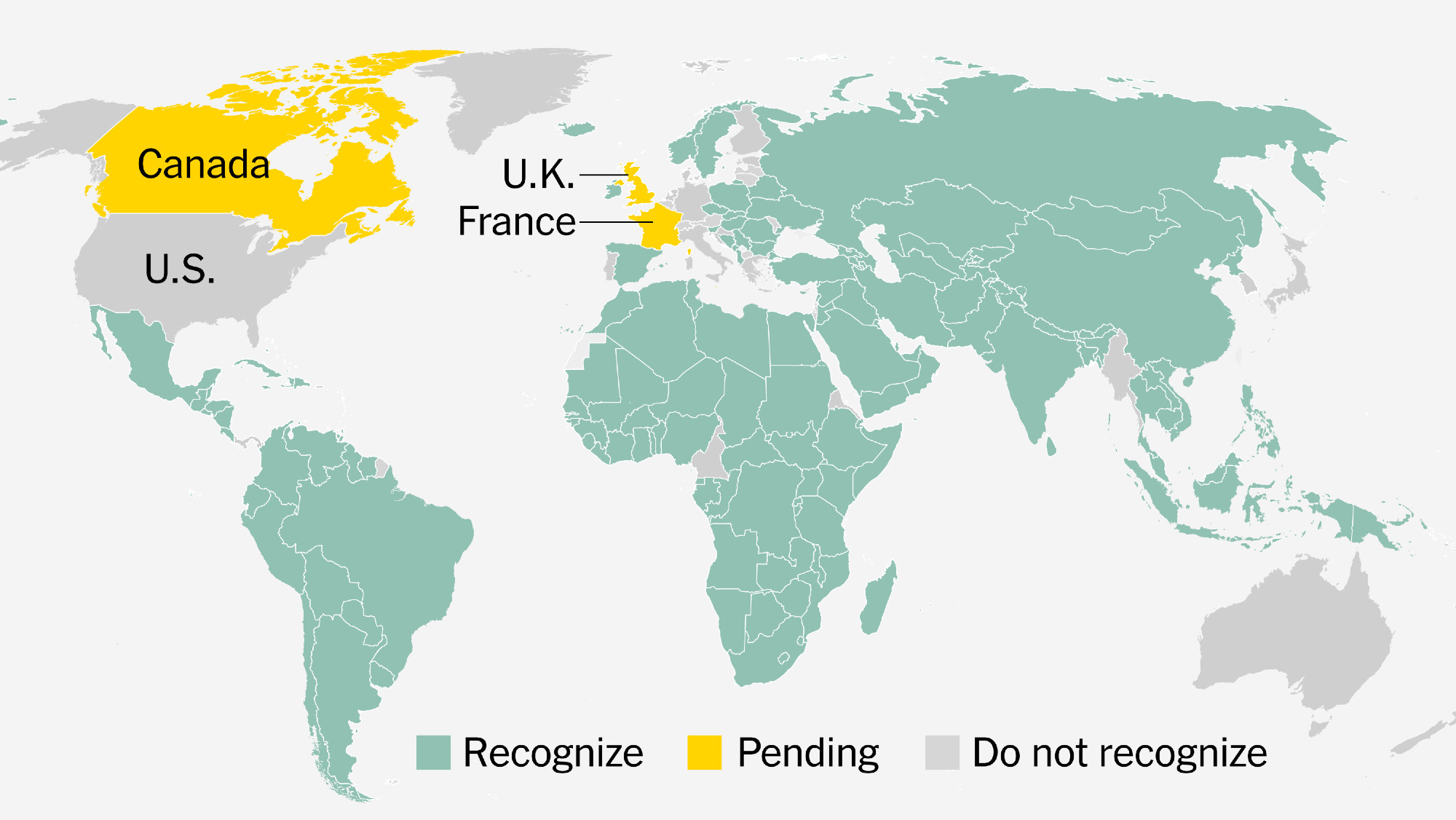Map showing effectively the entire world minus the US, Australia, and certain European countries as recognizing Palestine.