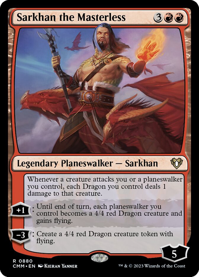 Image of the card Sarkhan the Masterless which has a +1 that turns planeswalkers into dragons. 
