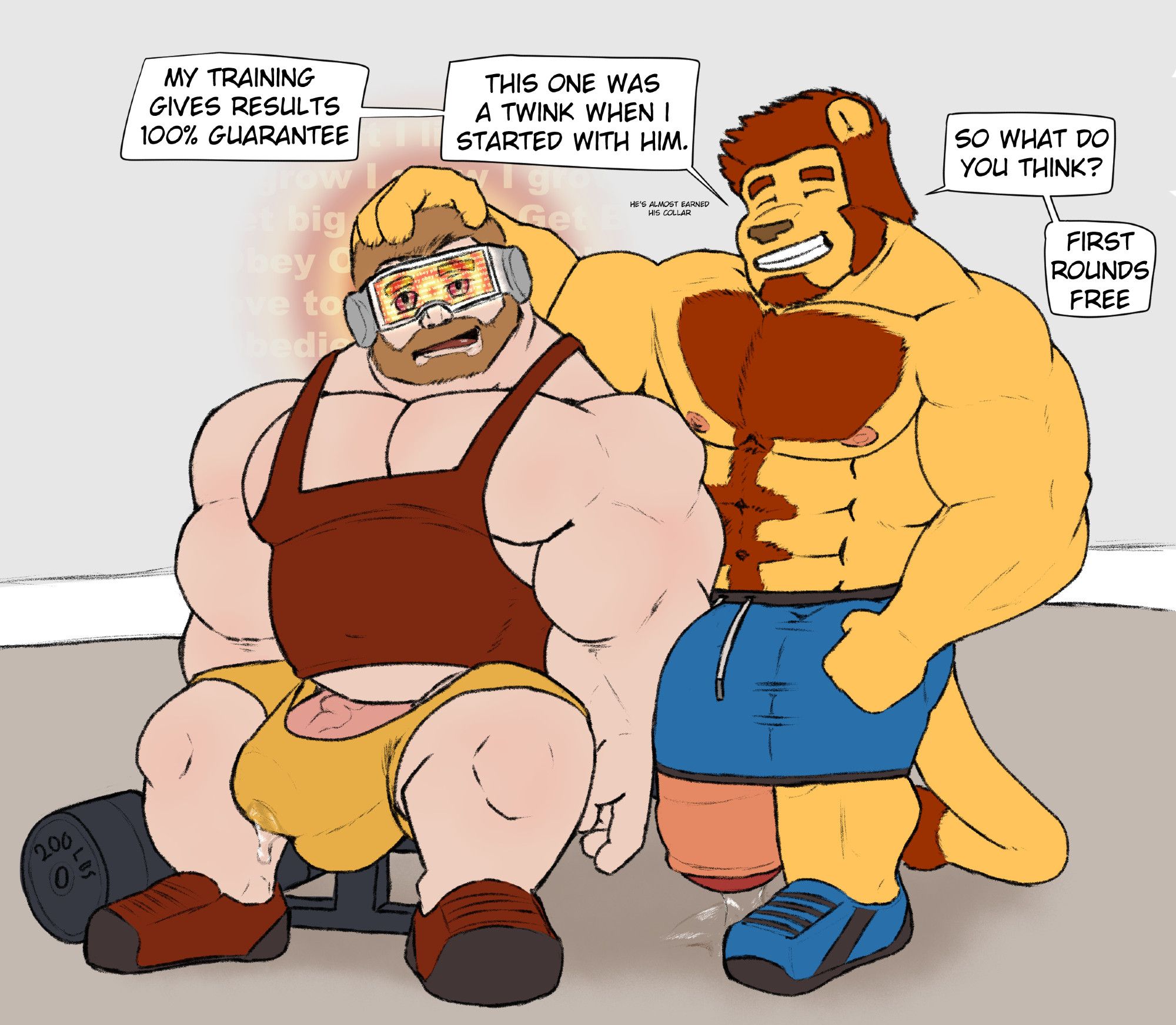 Anthro muscular lion, Cadek has his hand on a buff human wearing a glowing headset and a dazed look in his eyes. Both men are well hung and leaking pre although Cadek is bigger. The visor has lines like "I grow" "Get Big" and "Obey" scrolling across it over top a spiral. 
Cadek is saying: "My Training gives results 100% guarantee. This one was a twink when I started with him." 
in small text it says: "He's almost ready for his collar"
Cadek continues: "So what do you think? First rounds free"