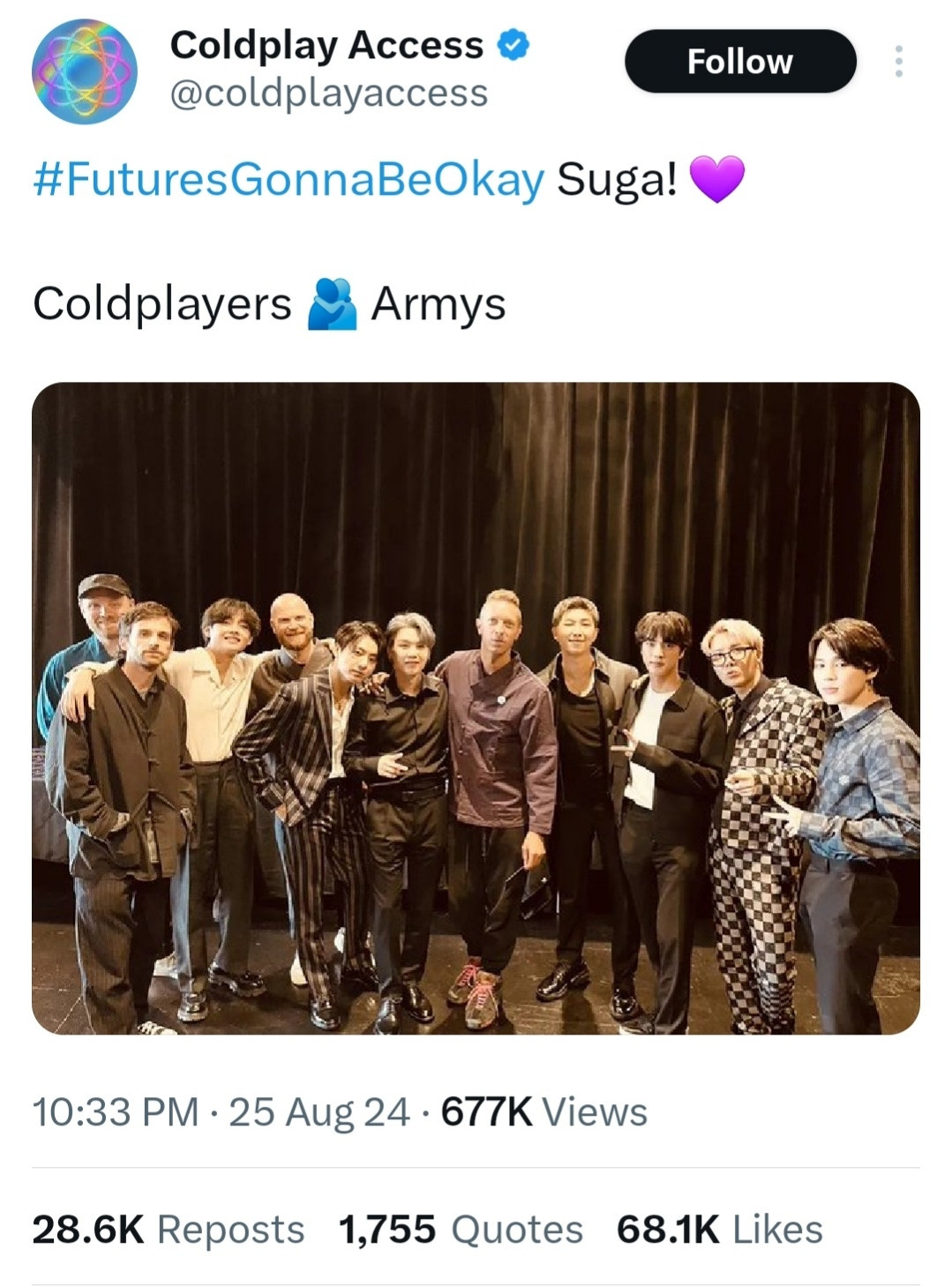 Screenshot of a Coldplay fan account showing support to Suga and ARMY saying #FuturesGonnaBeOkay Suga with a photo of the two groups.