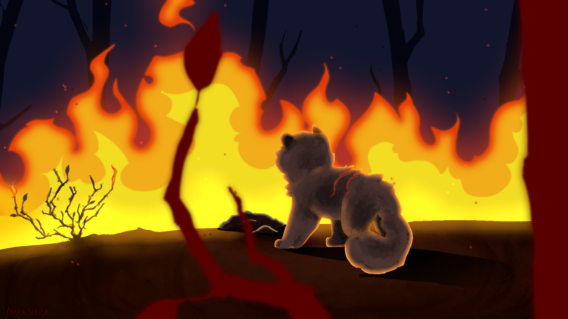 old art of Yellowfang in the fire.