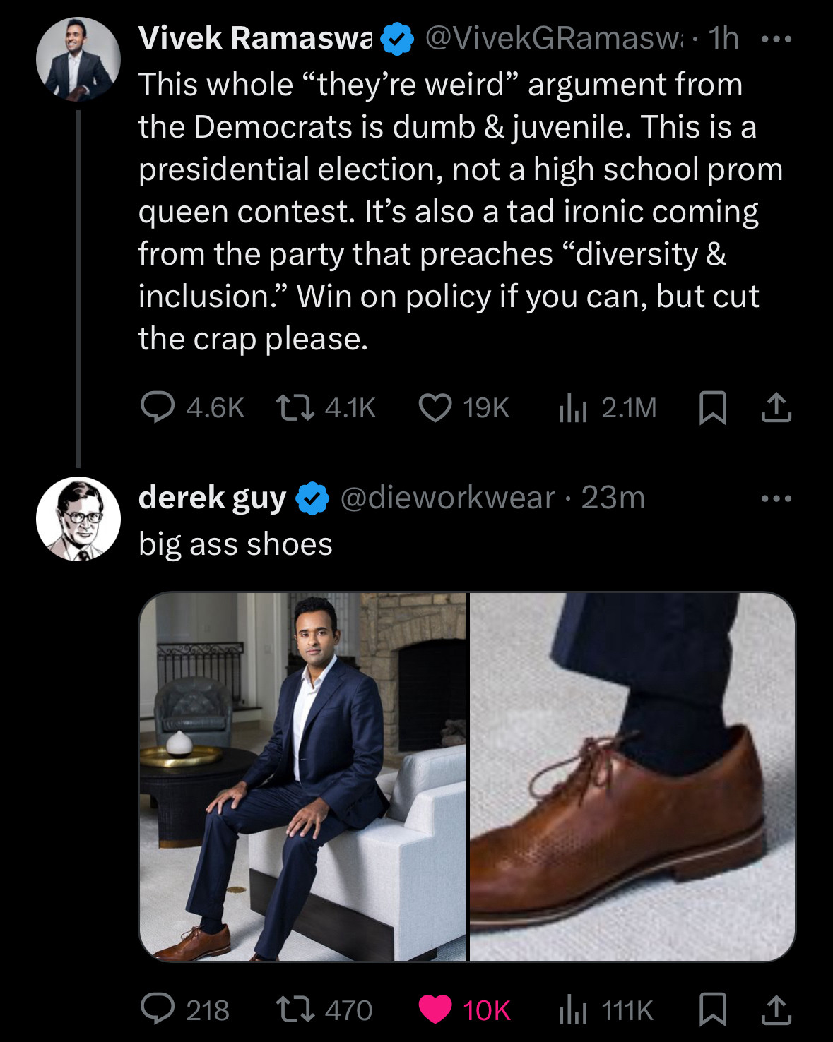 derek guy making fun of vivek’s shoes, saying “big ass shoes”