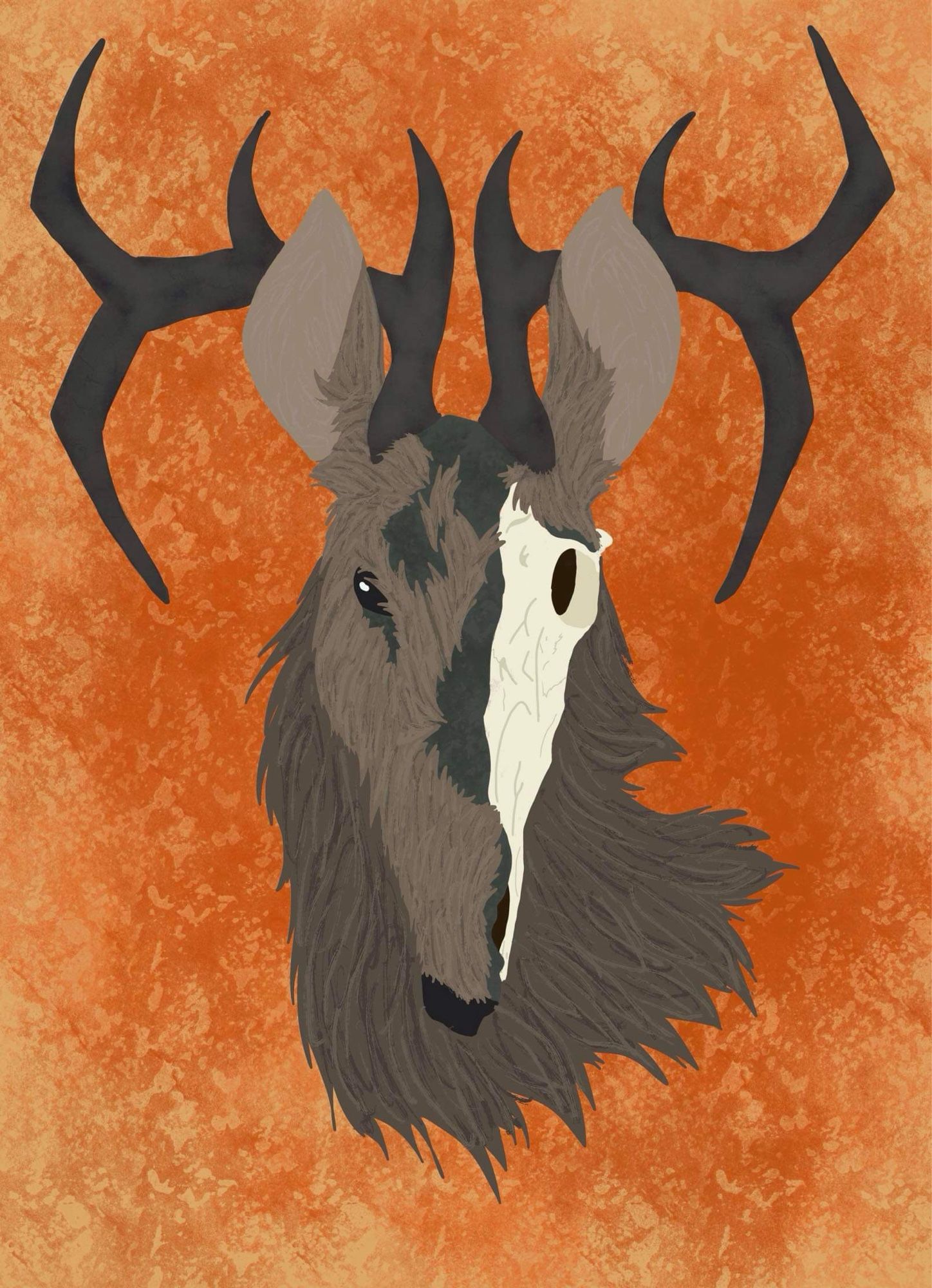 A stag head with half its face rotted away to reveal the skull set against an orange background