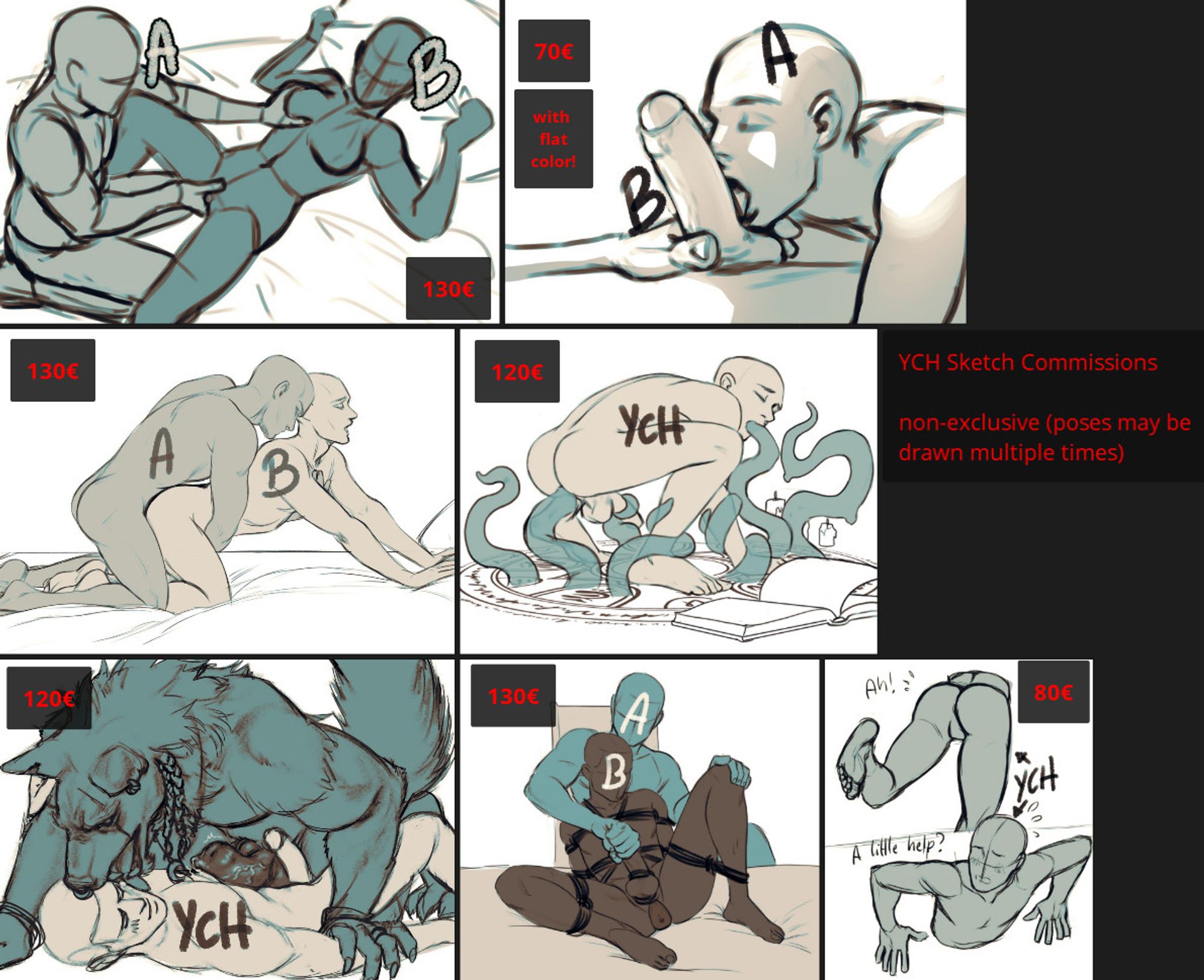 Assortment of available YCH poses featuring 1-2 characters in various scenes, with prices ranging between 70 and 130 EUR. A scene with 2 characters featuring fingering and boob fondling; a close-up blowjob; a doggy style pose with 2 characters; a solo character playing with summoned tentacles; a character being grinded on and licked by a werewolf (my design); two characters featuring shibari rope, buttplug and edging; a solo character stuck in a wall. The text says: YCH Sketch Commissions, non-exclusive (poses may be drawn multiple times).