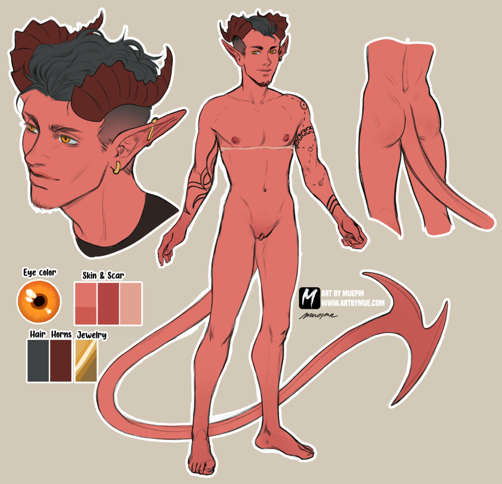 Example of a simple nude character design in flat colors. A pale red skinned transmasc character with horns and a long, spiked tail and dark grey hair that's short on the sides and longer on top. He is post top surgery with a long scar that connects in the middle of his chest, and experienced significant bottom growth which sticks out from his labia. He has a few tattoos on his arms and some piercings in his elongated ears. The sheet includes a close up of his face and his backside, as well as color swatches.