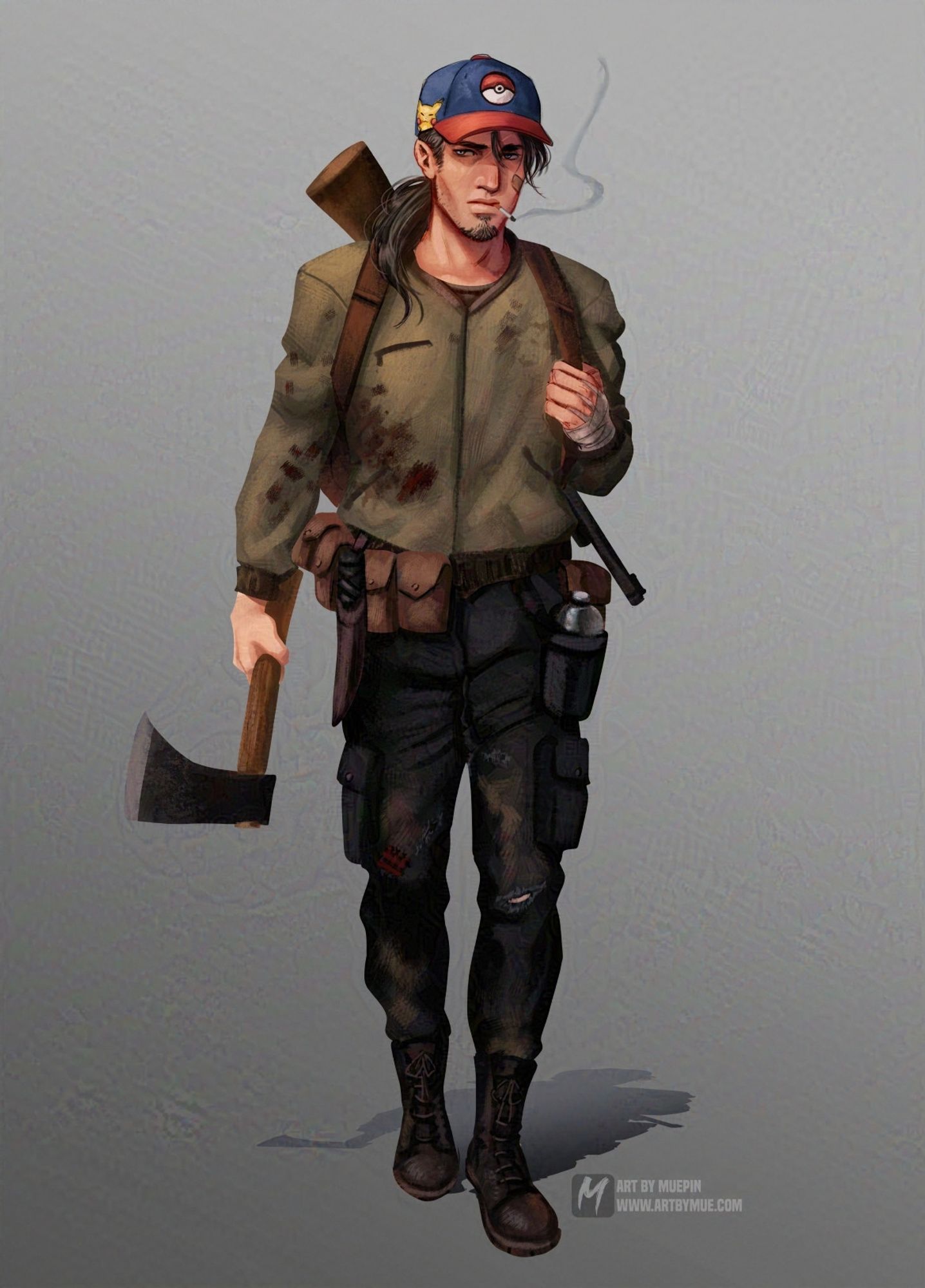 Example of a character design concept. A middle aged, white cis man with dark hair in a ponytail and a goatee, dressed in damaged, dirty and bloody outdoor clothes and heavy boots. He is carrying an axe in his right hand and a rifle on his back. He's wearing a pokemon themed hat, a cigarette hangs from his lips, his expression is worn and exhausted.