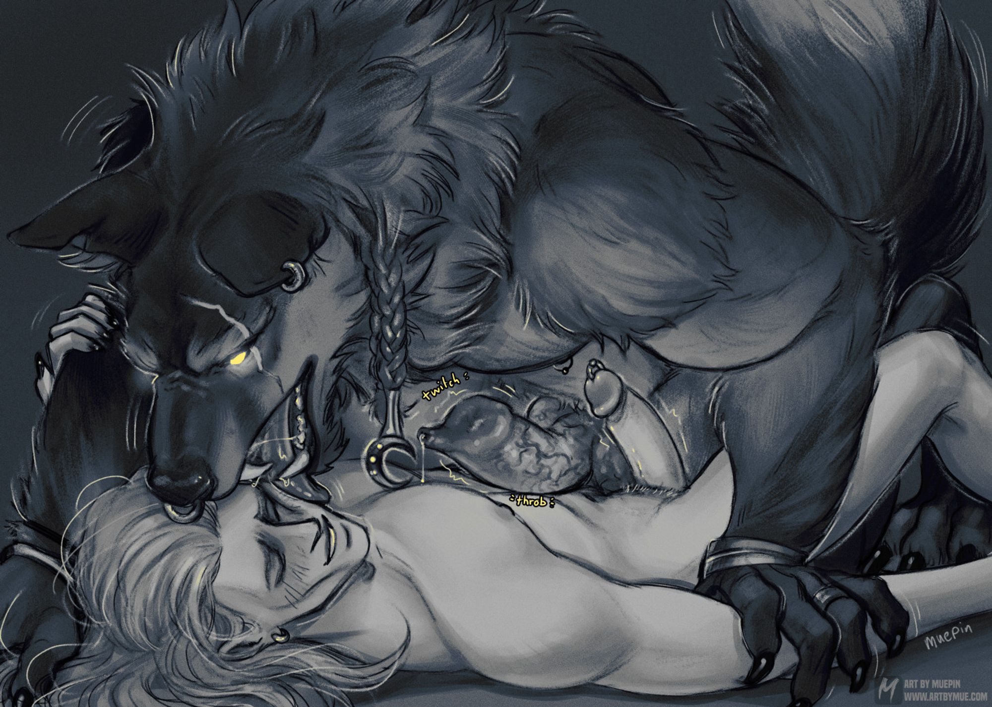 Digital monochrome sketch of a scrawny, nude white man laying on the floor, with a werewolf towering over him, pinning him down, licking his face and rubbing his huge knotted cock on his body. The man is blushing happily and is erect - his dick has a prince albert piercing.