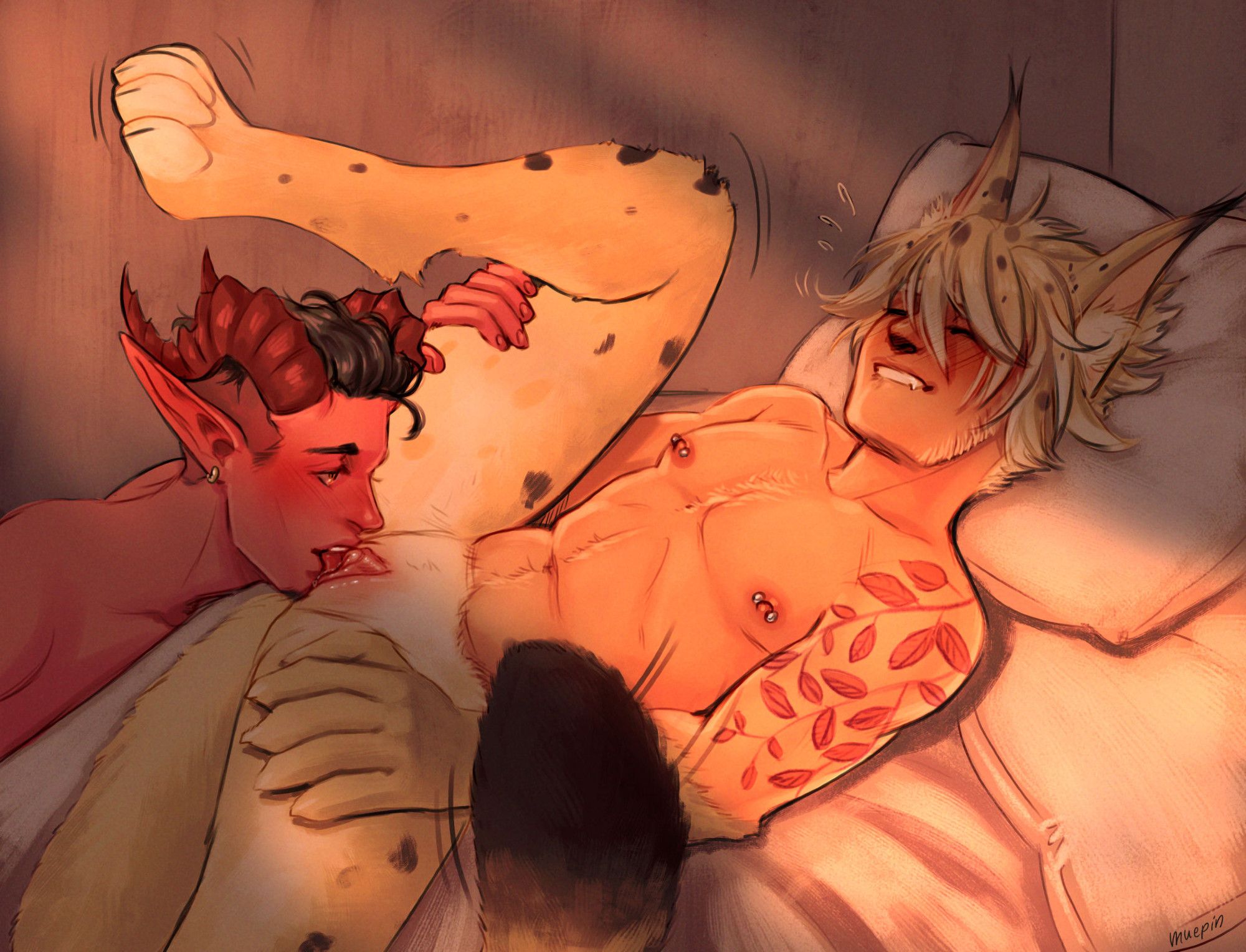 Color NSFW drawing of a trans male human-lynx hybrid character being eaten out by a trans male demonoid character with pink-red skin, short dark grey hair and horns.