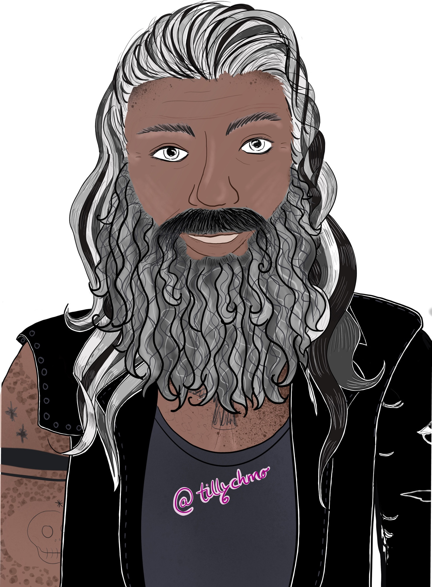 Digital drawing of Ed Teach. It is nearly identical to the other digital drawing, except that he is NOT in his Kraken-era here, and his beard is long and curly.
The eyes are still left deliberately colourless.