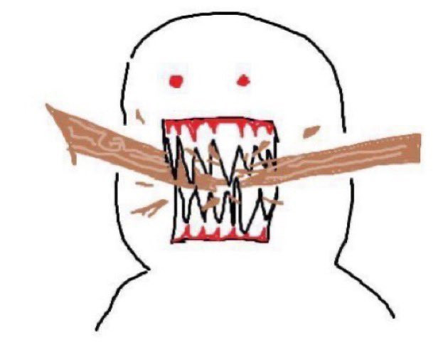 A humanoid figure with red dots for eyes and long sharp teeth biting a stick in half very aggressively 