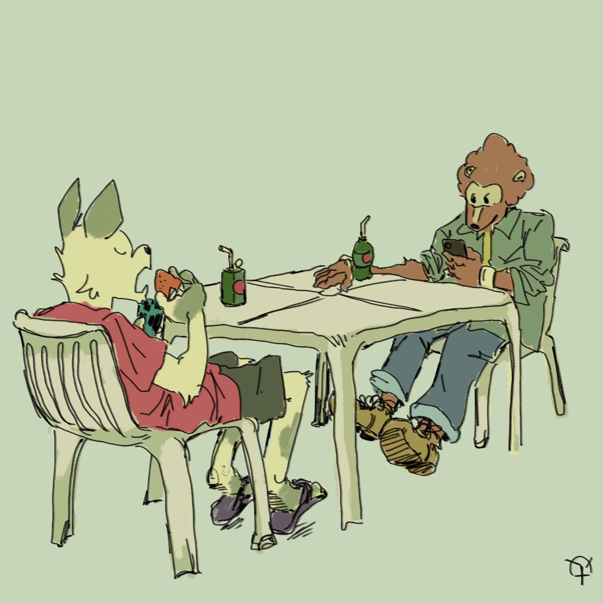 Image is a digital drawing of two anthropomorphic animals having a snack and browsing on their phones. The cat, on the left, is lifting a pastry towards their mouth. The ferret on the right only has a small bottle of soda, and is also browsing on his phone.