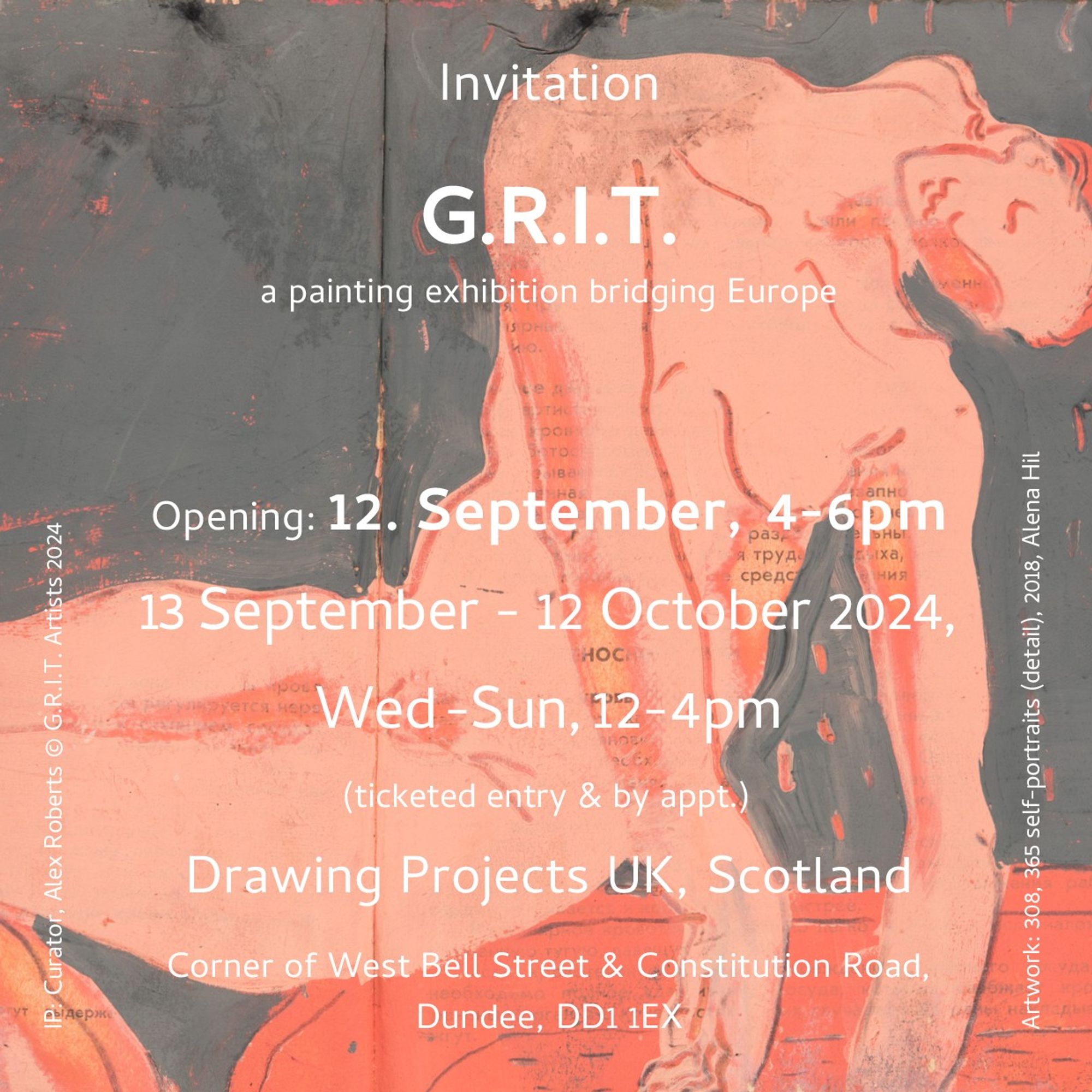 a wibbly painted human form, very pink. its a self-portrait by Alena Hill. this is an invitation to GRIT, a painting exhibition bridging Europe, currently on show in Berlin, and coming to Drawing Projects in Dundee from 13 September to 12 October.