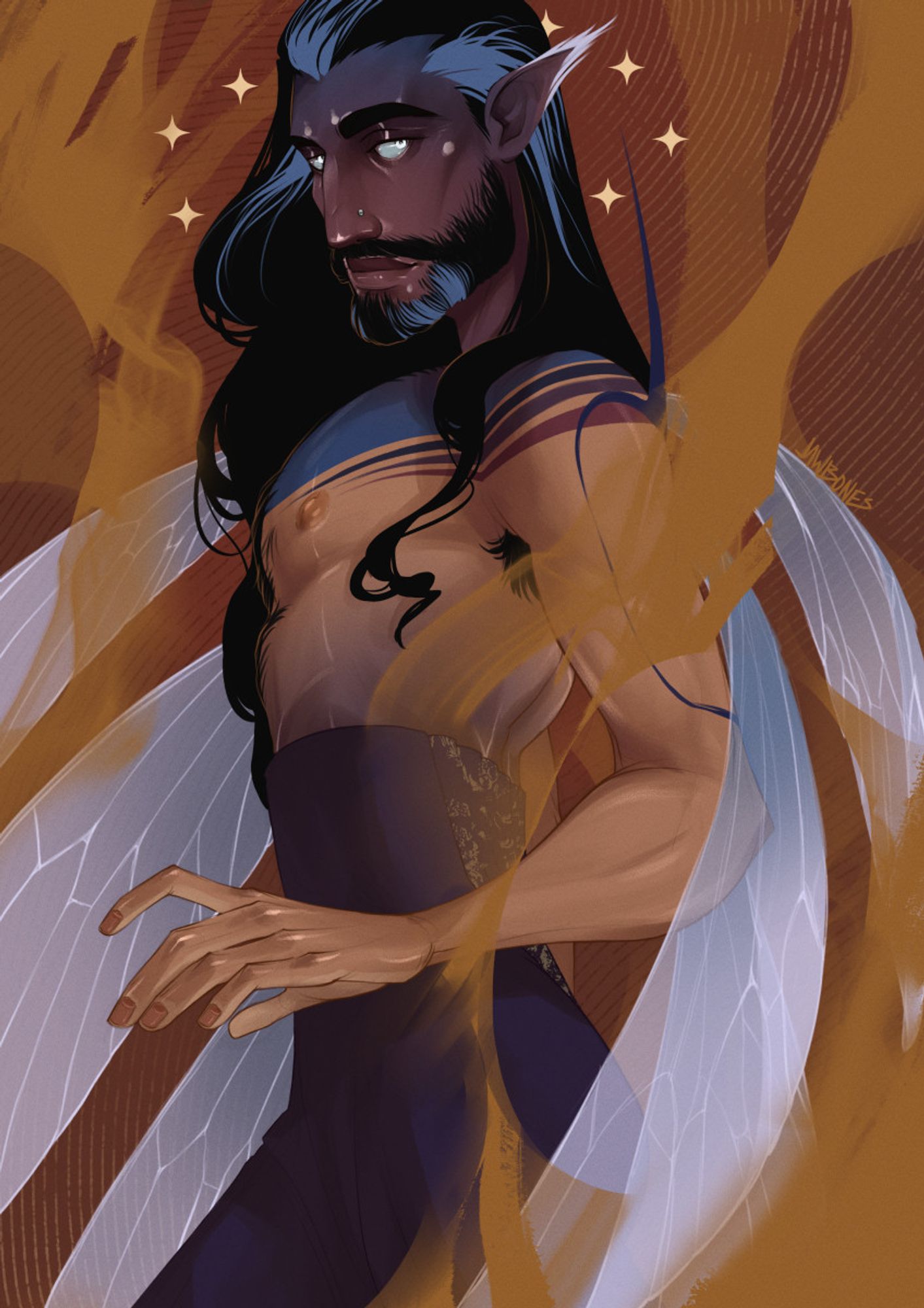 fae man standing admist orange smoke, he has insect wings coming out of his back, streaks of grey in his dark hair and beard, and skin markings of blue and purple