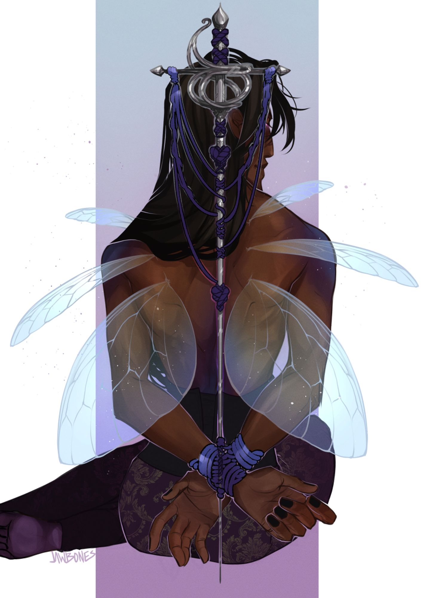 a brown and purple tinted fae sitting with his legs to one side, his back facing forward and long, dark hair swooped over one shoulder, showcasing the blue-to-yellow iridescent wings spanned out on either side of him. his hands are bound together at the small of his back, a light purple rope worked around his wrists. the same rope is woven along the length of a rapier-looking sword pinning him in place from behind. #swordtember