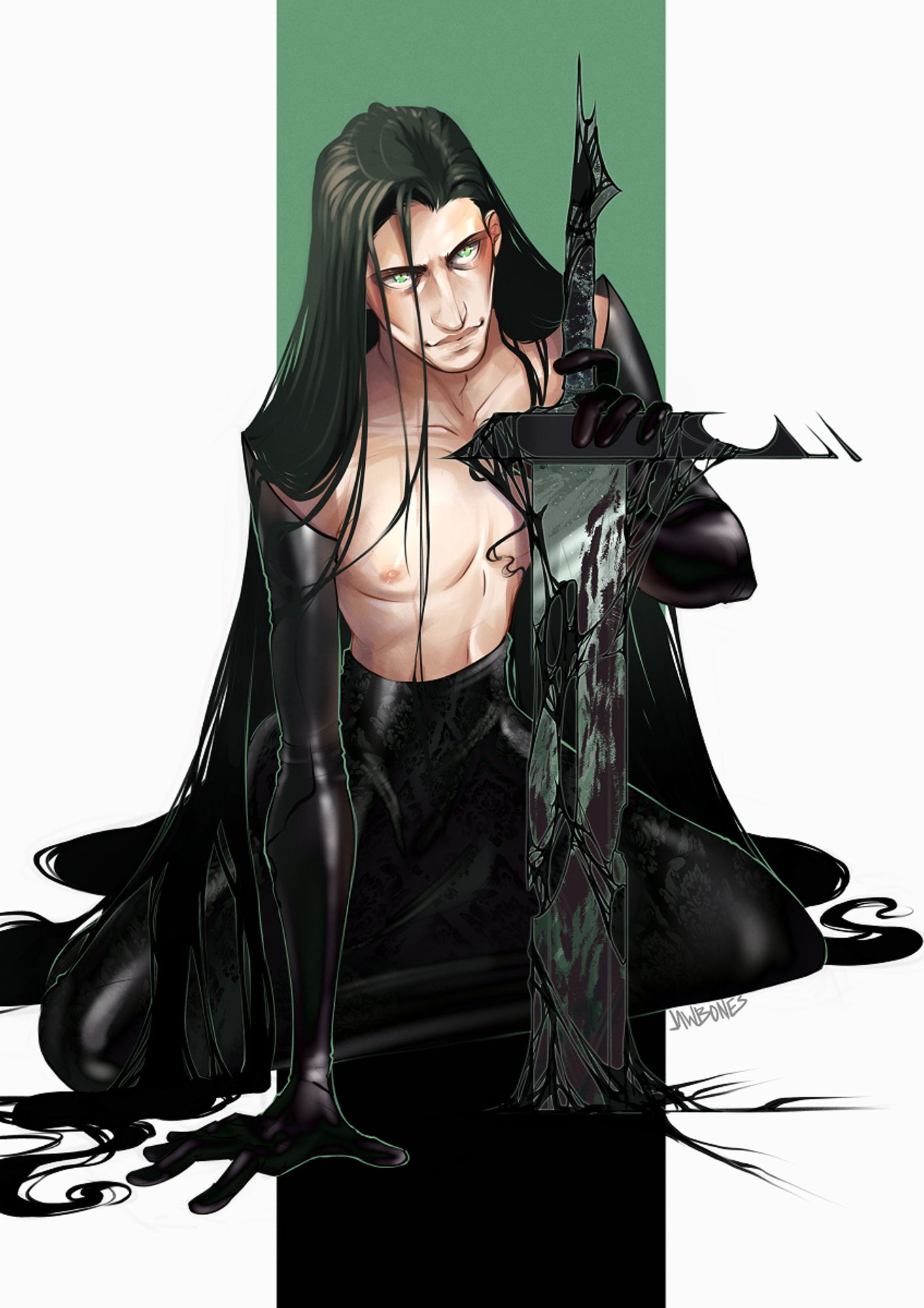 a man kneeling down in a pool of his greenish-black hair and skirt with a sword summoned up from the black goop before him, he's also wearing shoulder-high vinyl looking gloves. #swordtember