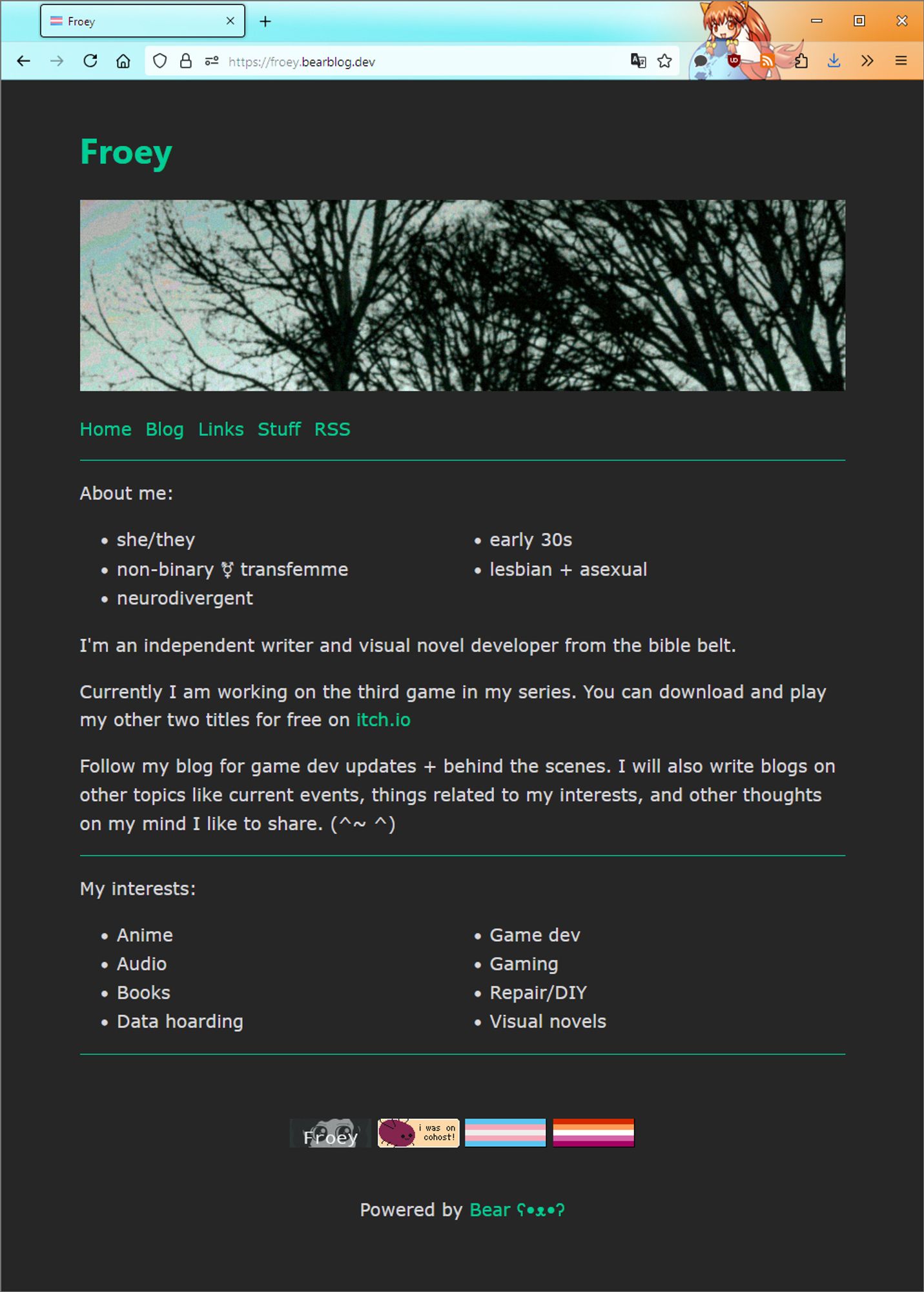 Home page of Froey's website with info about her, her interests, her current projects, and some cute 83x31 buttons at the bottom of her page with one mentioning she was on cohost.

The sites color scheme is a dark grey background, light ash text, and various links and elements in a mint green.