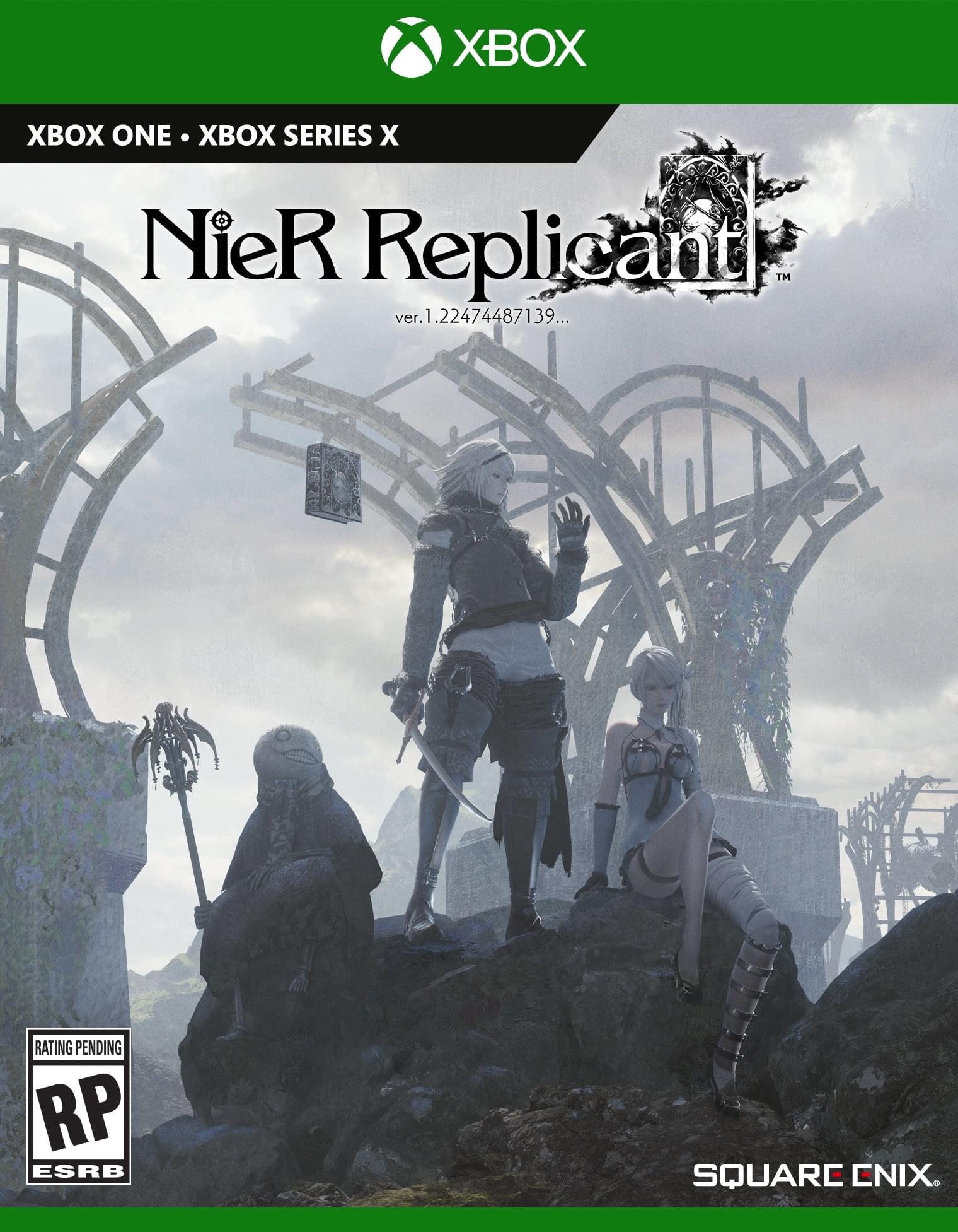 Nier Replicant v1.22 art from Xbox. Featuring the chracters on top of a rock. The main character looking badass while the other two are chilling sitting down.