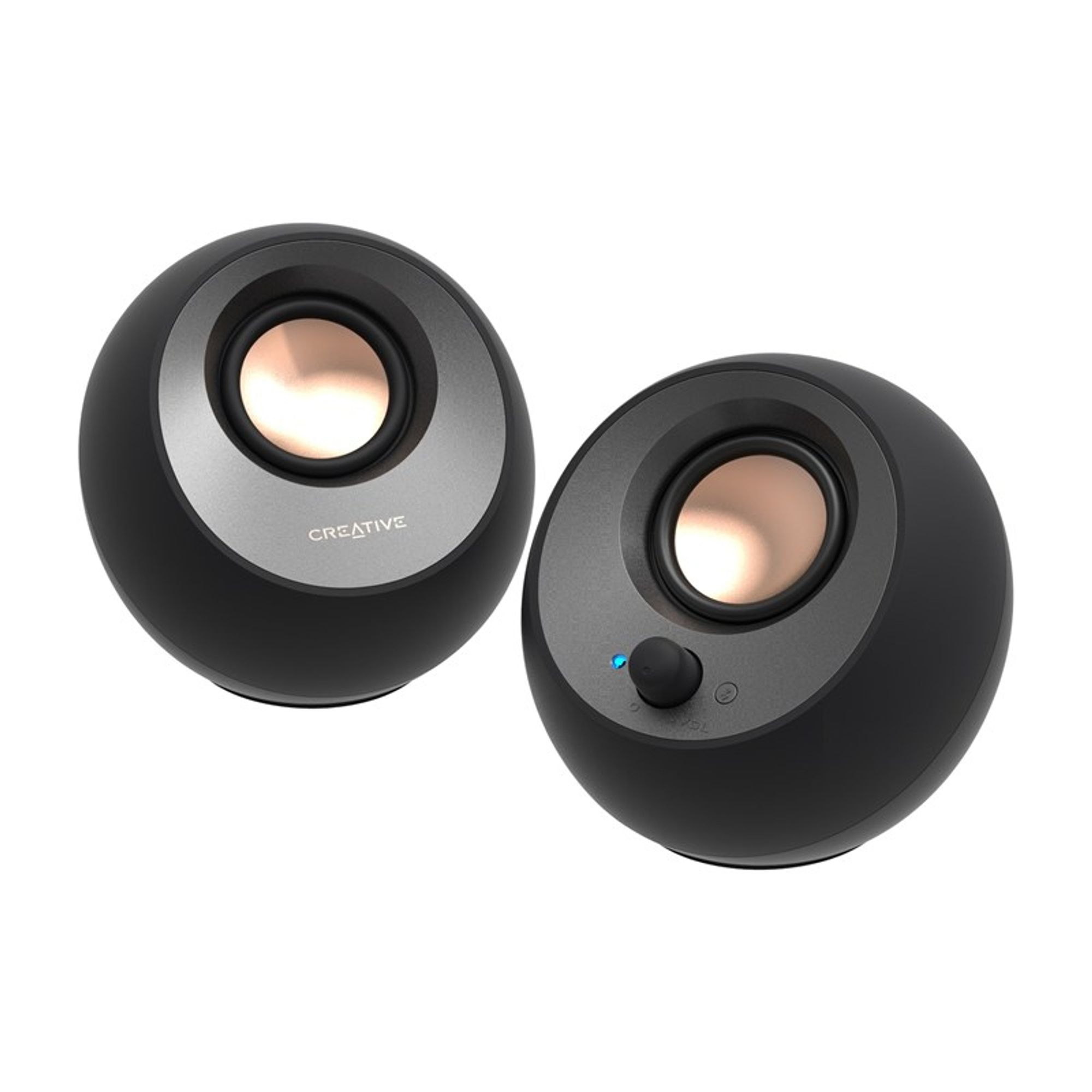 A pair of creative pebble desktop 2.0 speakers in black with gold accents.