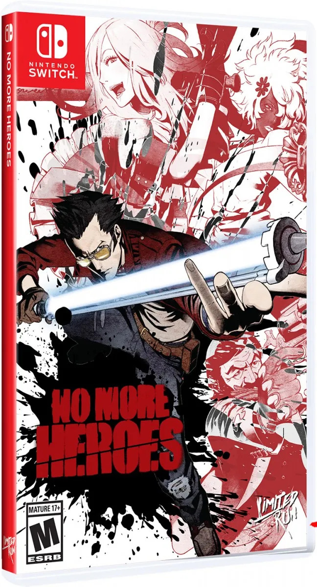 Super stylish cover art of No More Heroes for Switch. Travis has his knees bent in a cool as fuck pose holding his beam saber. The other characters throughout the game are represented behind him in red, almost blood like color.