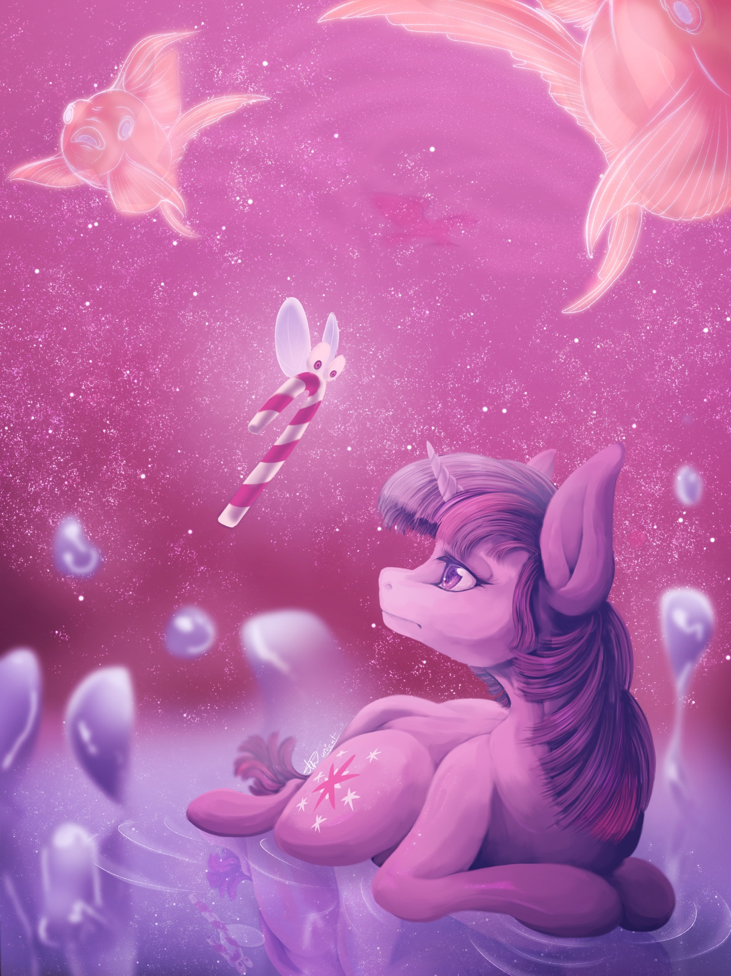 A drawing of the unicorn MLP Gen4 character Twilight Sparkle lies on a floor made of water of which several drops are dislodging and floating upwards around her. With an indifferent expression she looks up at a floating candy cone with eyes and bug-like wings that glow lightly. Above them giant translucent goldfish are floating through a purple sky littered with stars.