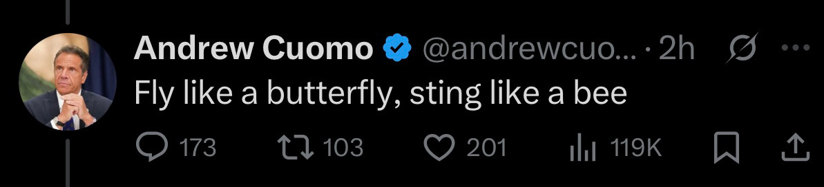 Andrew cuomo tweet: fly like a butterfly, sting like a bee