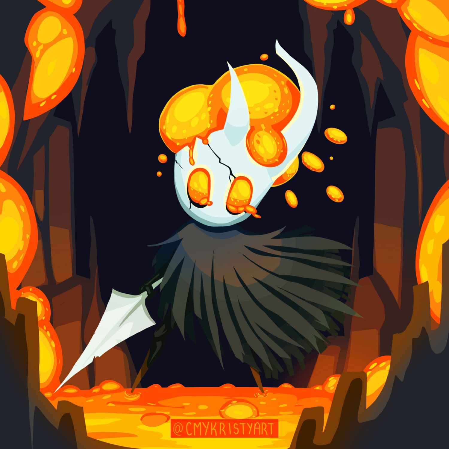 Broken Vessel is a small, cloaked creature with a cracked, horned mask. Its eyes and head are filled with bright orange infection as it brandishes its metal nail of a weapon. Infection bubbles up around it.