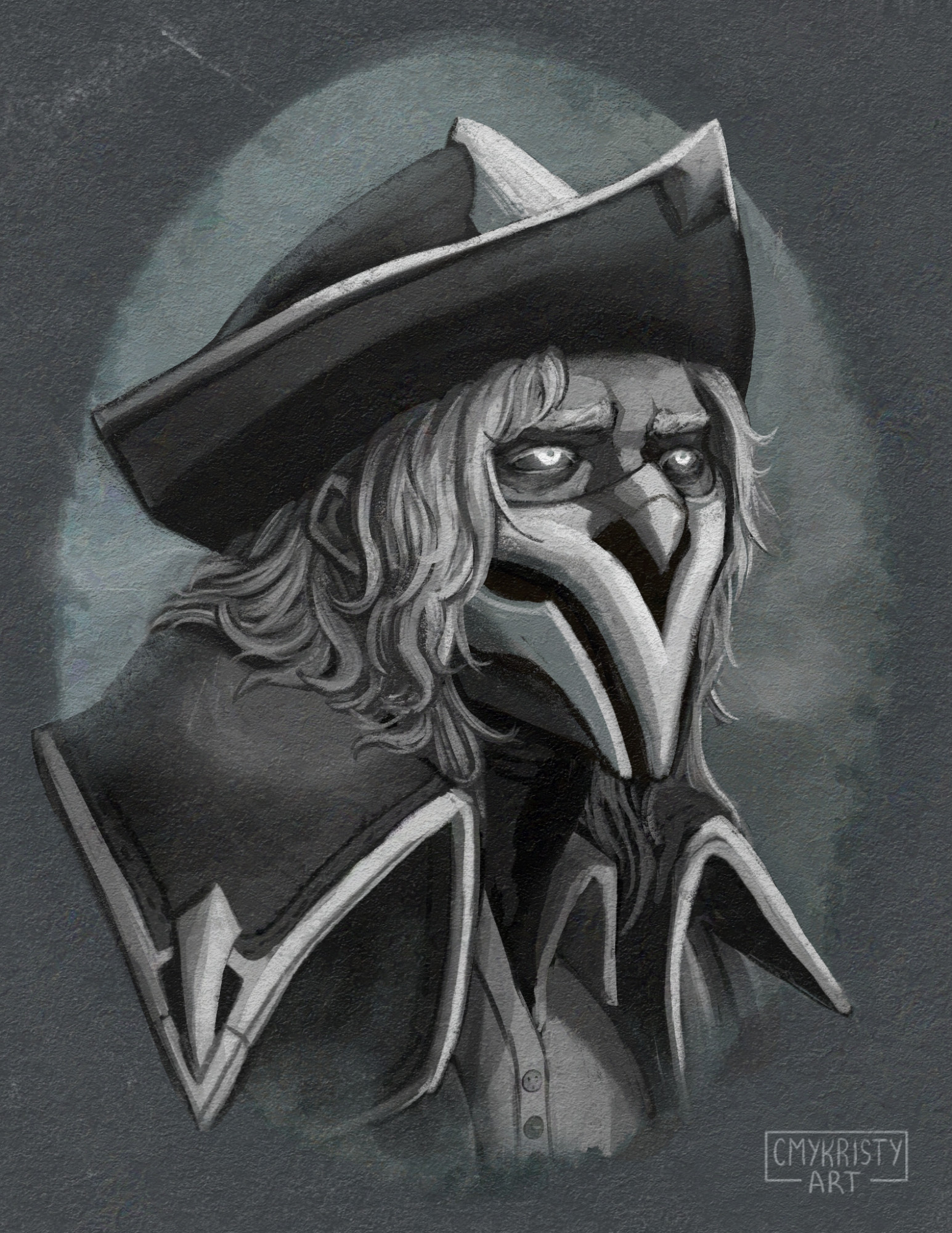 A ghostly grayscale portrait of High Noon Viktor with glowing eyes and his plague doctor respirator in full view. His portrait is frameless, but accentuated with an oval background that's falling apart in places.