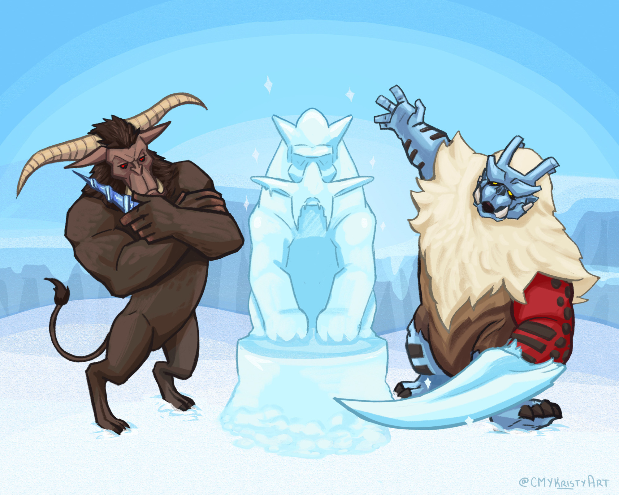 Rajang and Goss Harag have carved a fairy accurate ice sculpture of Blangonga in a tundra location. Goss proudly shows off the statue with his ice blade gleaming, while Rajang holds a Kirin horn and evaluates their work with scrutiny.